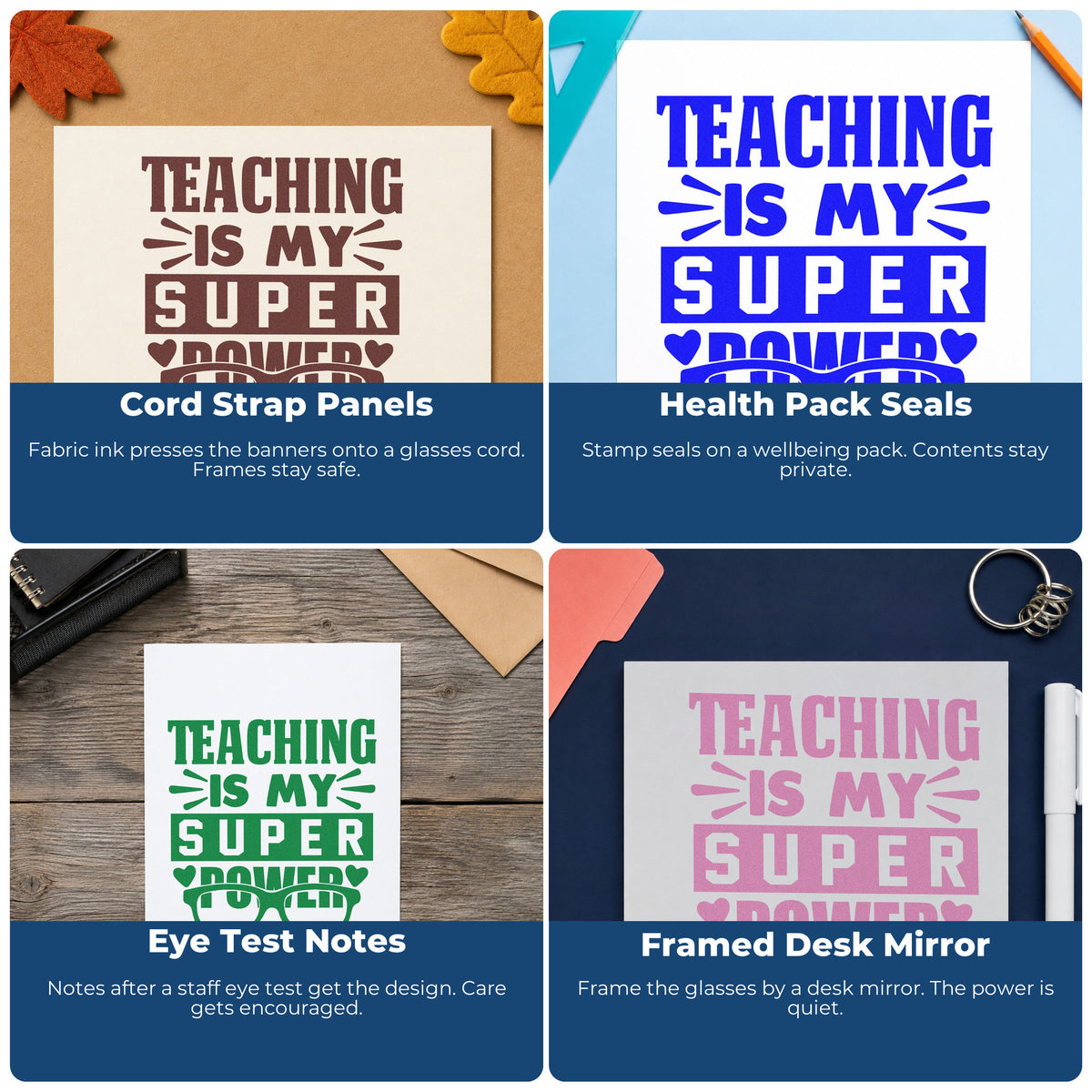 Four ways to use the Vintage Pro Teaching Super Power Glasses Premium Wooden Stamp: cord strap panels, health pack seals, eye test notes and framed desk mirror.