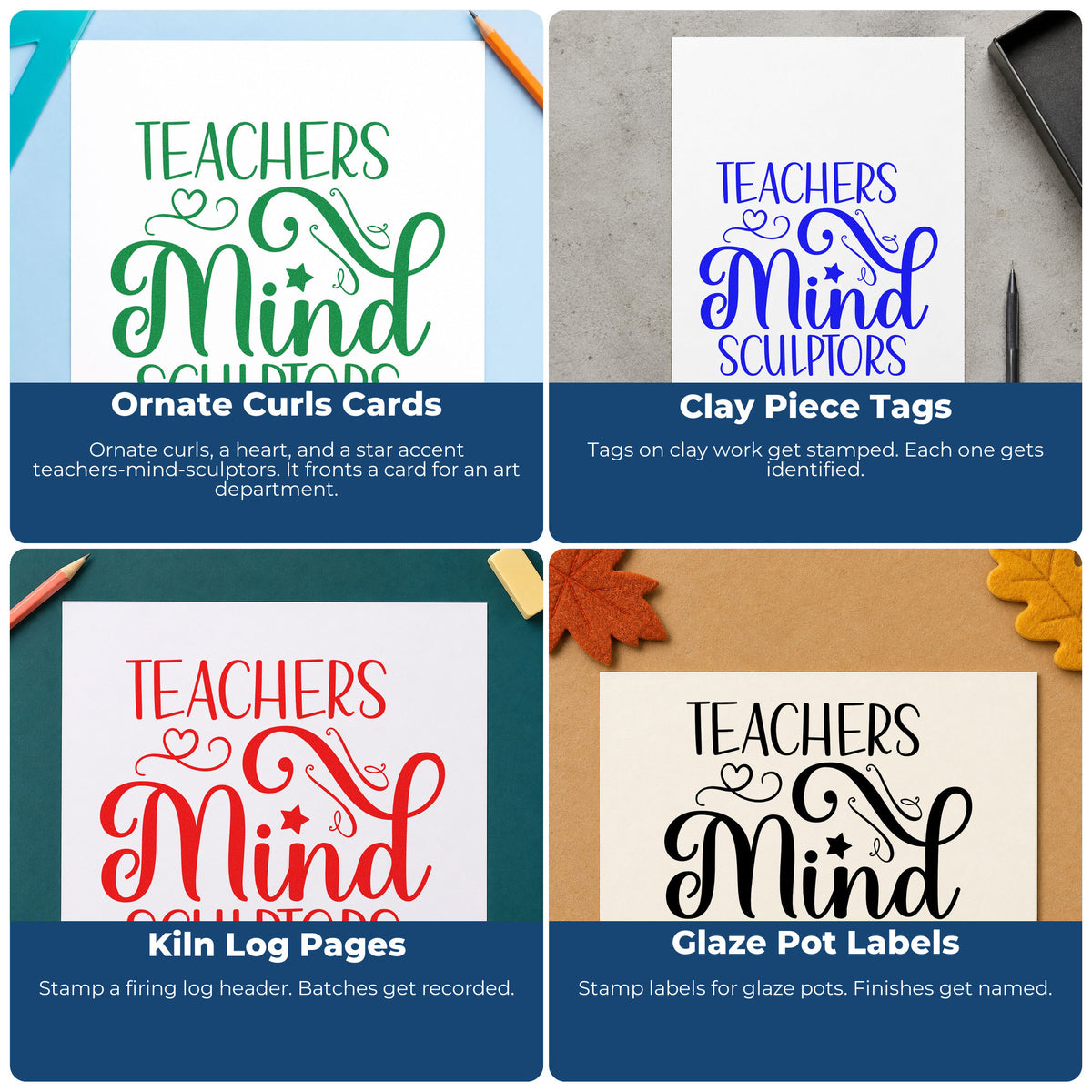 Four ways to use the Teachers Mind Sculptors With Stars Stamp - Premium Vintage Pro Wooden: ornate curls cards, clay piece tags, kiln log pages and glaze pot labels.