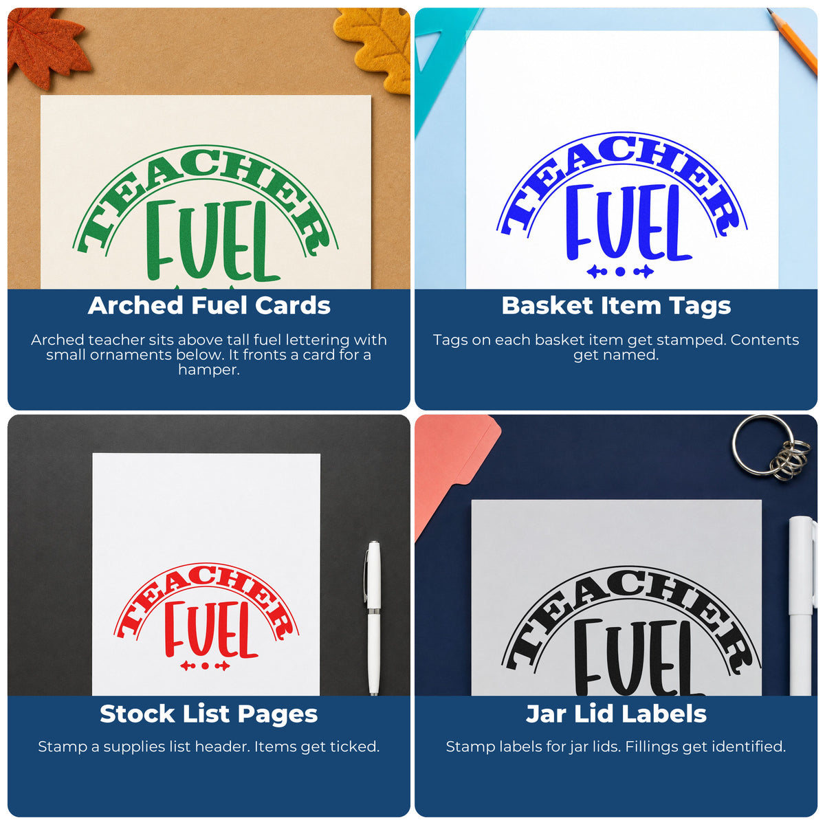 Four ways to use the Vintage Pro Teacher Fuel With Small Ornaments Premium Wooden Stamp: arched fuel cards, basket item tags, stock list pages and jar lid labels.