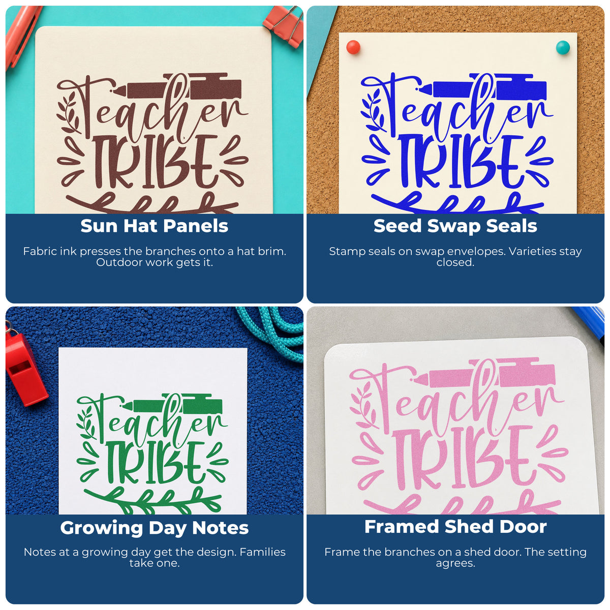 Four ways to use the PSI Pre-Inked Teacher Tribe Pen And Leaves Stamp: sun hat panels, seed swap seals, growing day notes and framed shed door.