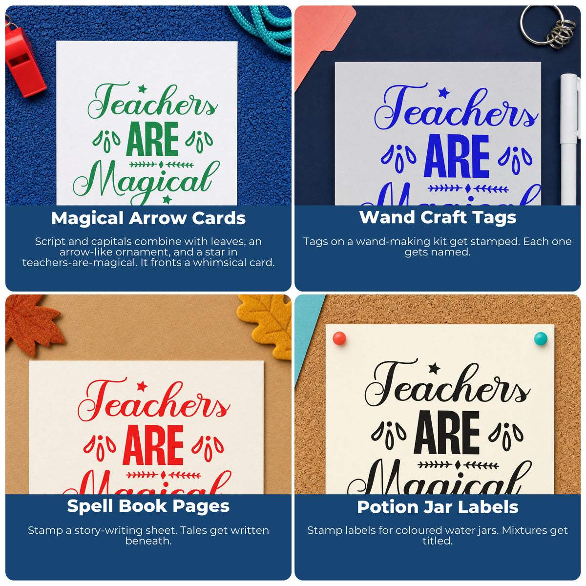 Four ways to use the Teachers Are Magical Leaf Accents PSI Pre-Inked Stamp: magical arrow cards, wand craft tags, spell book pages and potion jar labels.