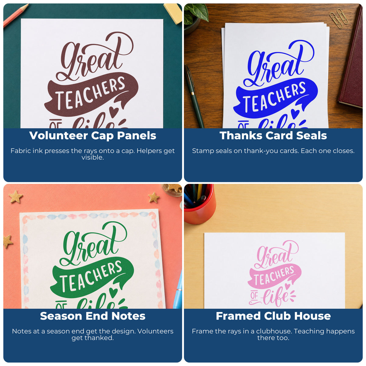 Four ways to use the Vintage Pro Great Teachers Of Life Premium Wooden Stamp: volunteer cap panels, thanks card seals, season end notes and framed club house.