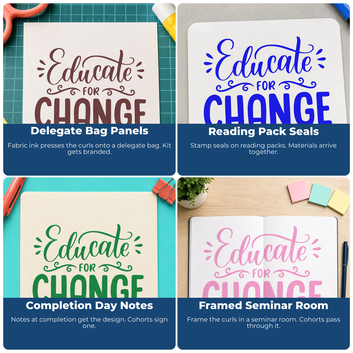 Four ways to use the Educate For Change Script Lettering Self-Inking Craft Stamp: delegate bag panels, reading pack seals, completion day notes and framed seminar room.