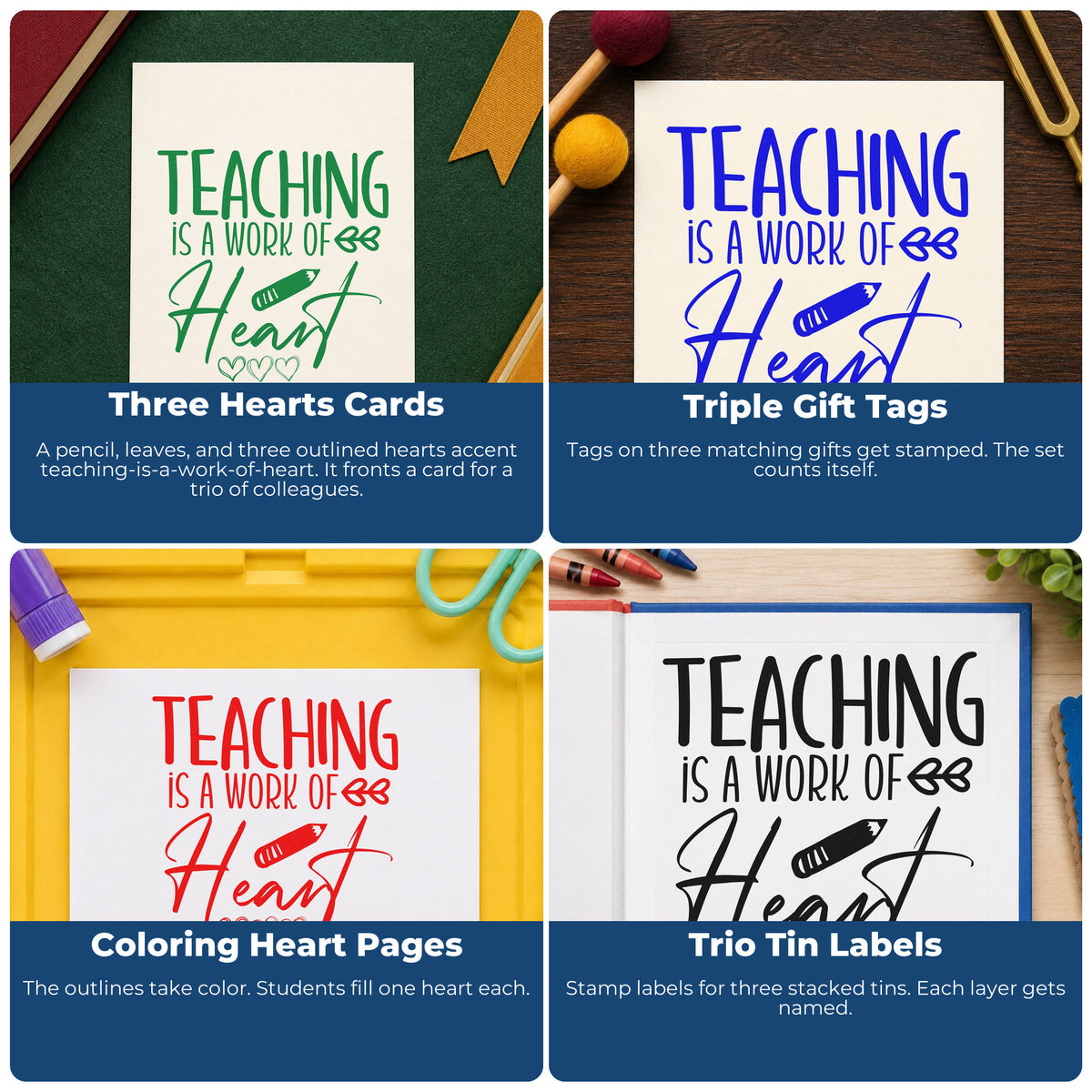 Four ways to use the Teaching Work Of Heart Pencil Wood-Mounted Rubber Stamp: three hearts cards, triple gift tags, coloring heart pages and trio tin labels.