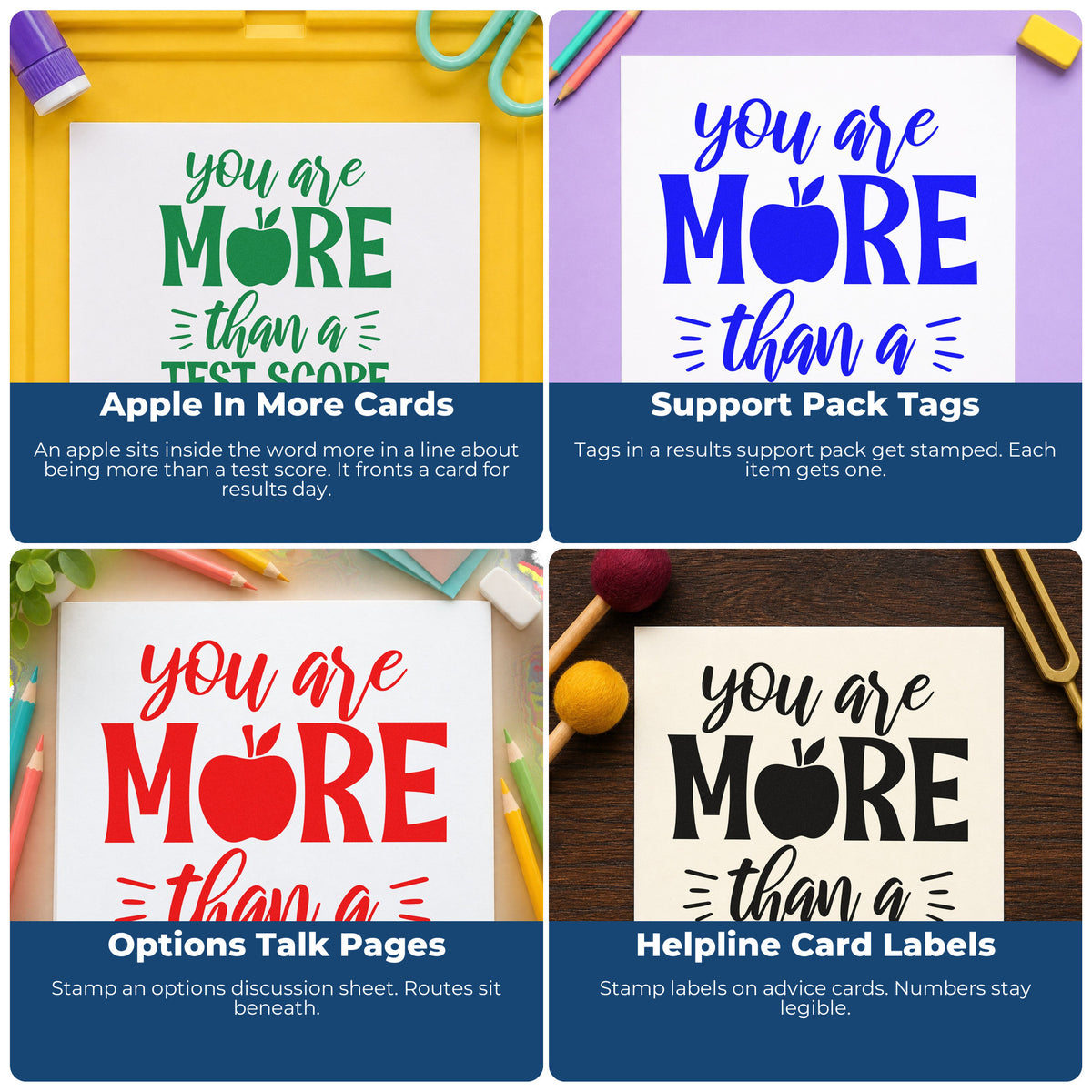 Four ways to use the You Are More Than A Test Score Slim Pre-Inked Stamp: apple in more cards, support pack tags, options talk pages and helpline card labels.