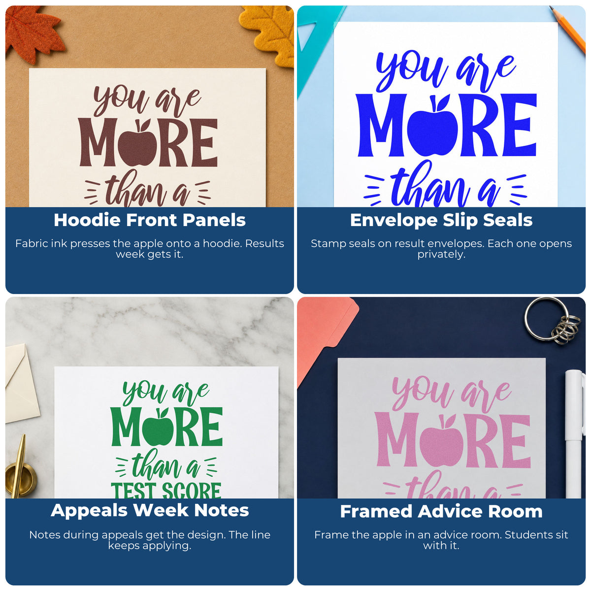 Four ways to use the You Are More Than A Test Score Rubber Stamp – Wood Handle: hoodie front panels, envelope slip seals, appeals week notes and framed advice room.