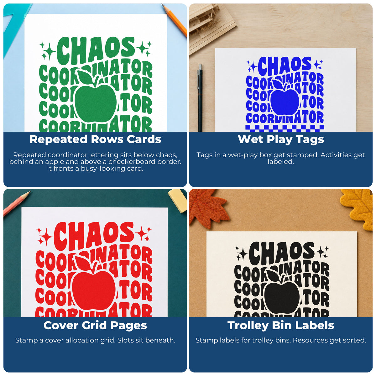 Four ways to use the Chaos Coordinator Apple Repeat Rubber Stamp – Wood Handle: repeated rows cards, wet play tags, cover grid pages and trolley bin labels.