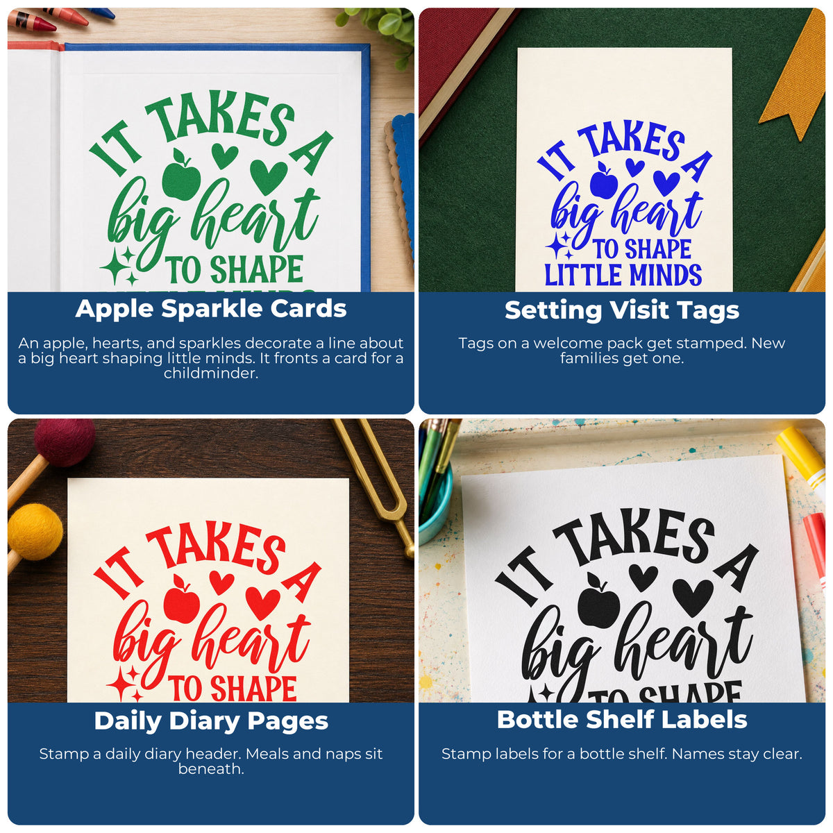 Four ways to use the It Takes A Big Heart To Shape Little Minds Apple Craft Stamp – Self-Inking: apple sparkle cards, setting visit tags, daily diary pages and bottle shelf labels.