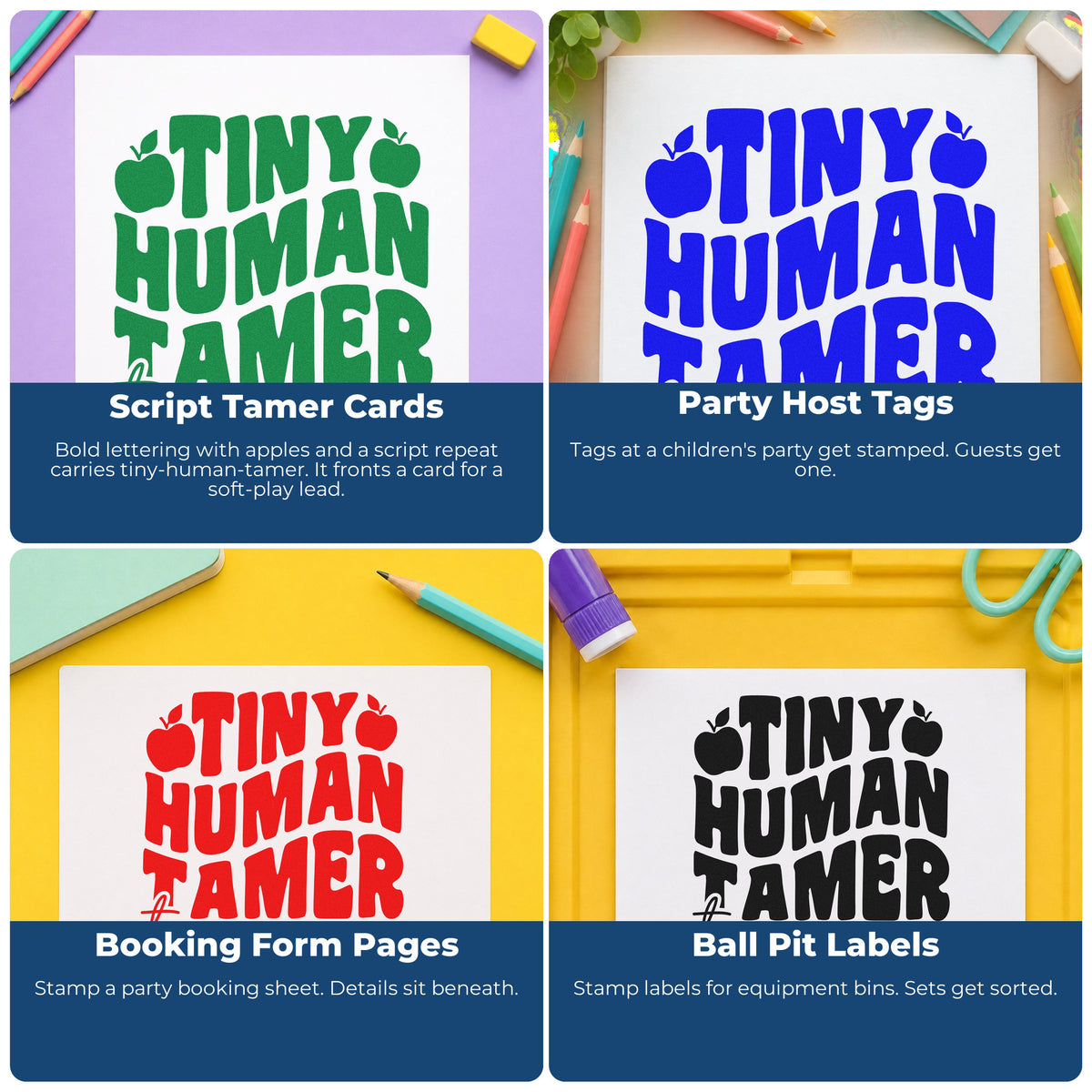 Four ways to use the Tiny Human Tamer Apples Script Lettering Rubber Stamp – Duo Hand: script tamer cards, party host tags, booking form pages and ball pit labels.