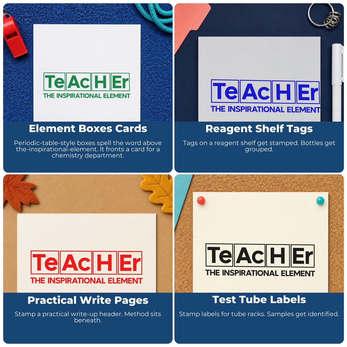 Four ways to use the Slim Pre-Inked Teacher Inspirational Element Stamp: element boxes cards, reagent shelf tags, practical write pages and test tube labels.