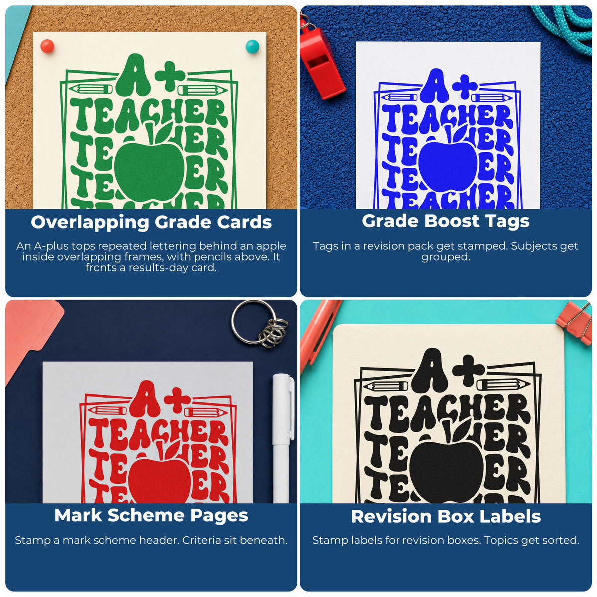 Four ways to use the A Plus Teacher Repeated Frame Rubber Stamp – Wood Handle: overlapping grade cards, grade boost tags, mark scheme pages and revision box labels.