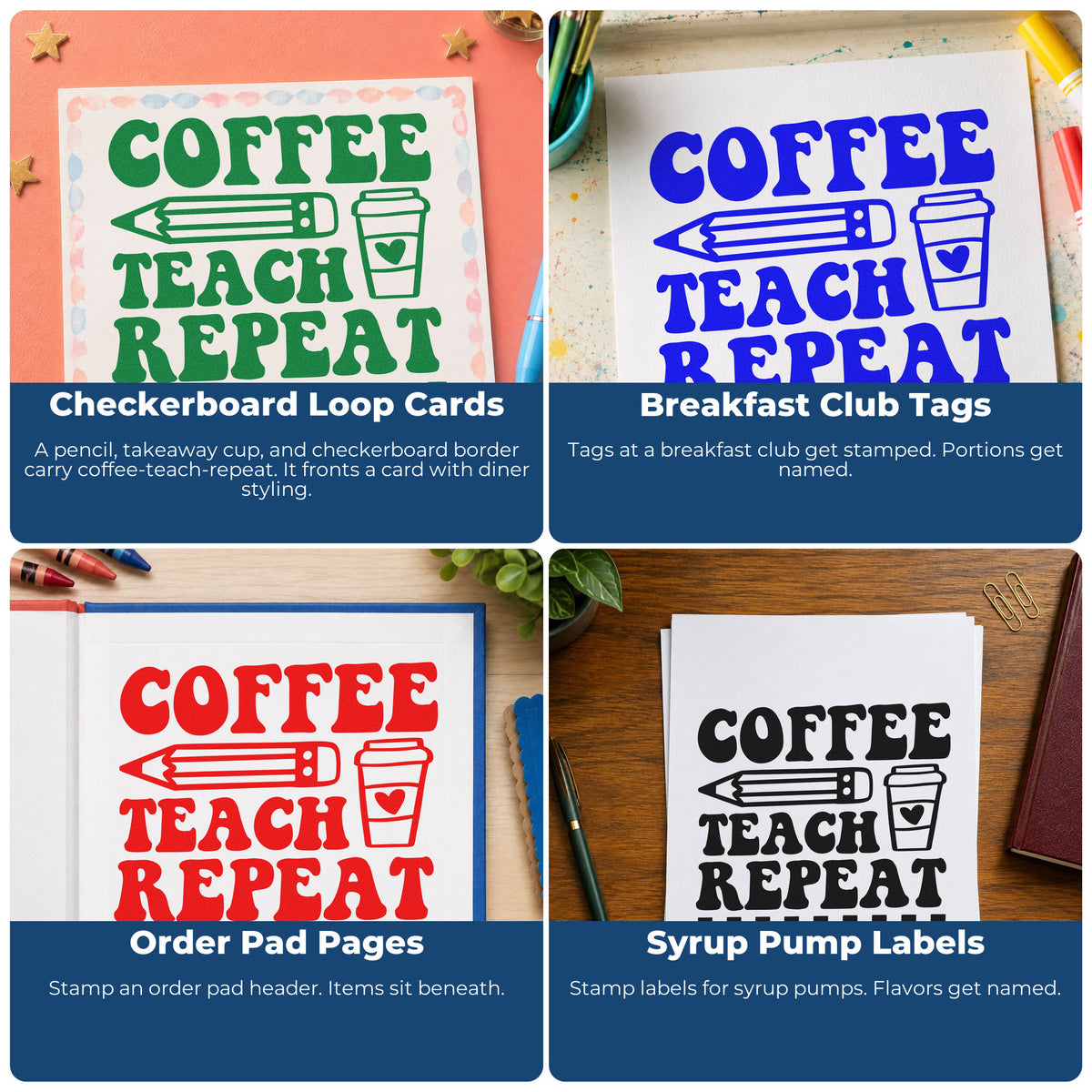 Four ways to use the Vintage Pro Coffee Teach Repeat Pencil Premium Wooden Stamp: checkerboard loop cards, breakfast club tags, order pad pages and syrup pump labels.