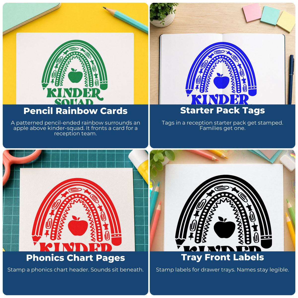 Four ways to use the Kinder Squad Rainbow Apple Rubber Stamp – Wood Handle: pencil rainbow cards, starter pack tags, phonics chart pages and tray front labels.