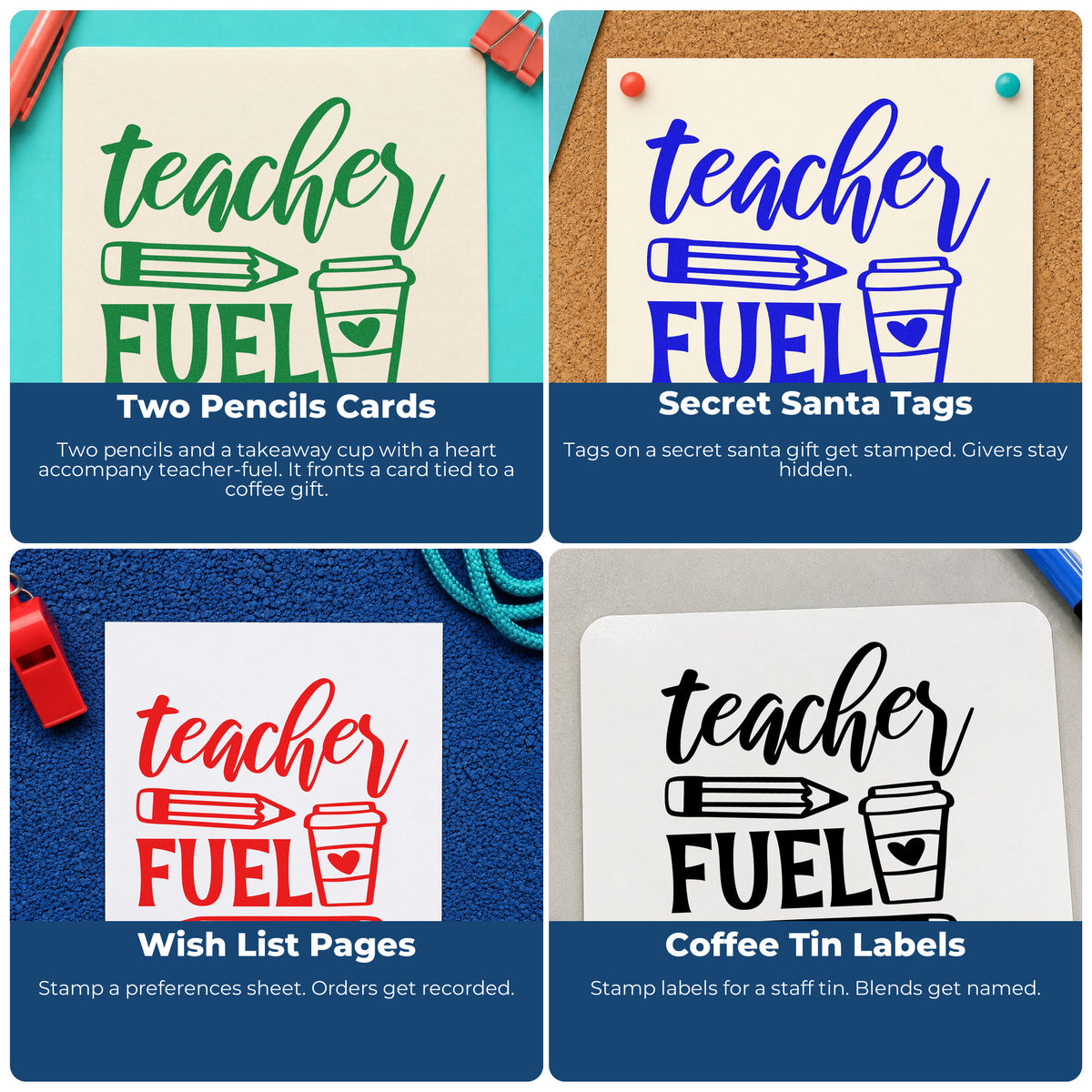 Four ways to use the Teacher Fuel Coffee Pencils With Hearts Wood Handle Stamp: two pencils cards, secret santa tags, wish list pages and coffee tin labels.