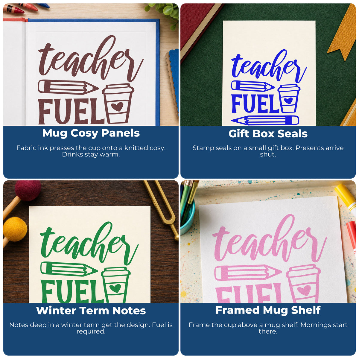 Four ways to use the Teacher Fuel Coffee Pencils With Hearts Wood Handle Stamp: mug cozy panels, gift box seals, winter term notes and framed mug shelf.