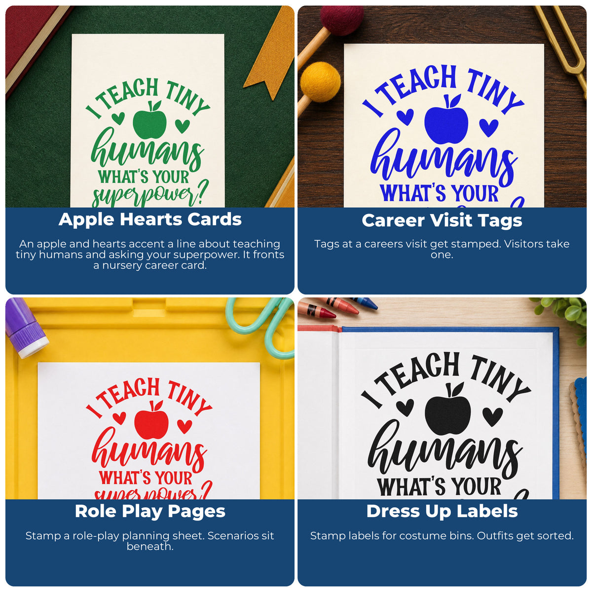 Four ways to use the I Teach Tiny Humans What's Your Superpower? Rubber Stamp – Duo Hand: apple hearts cards, career visit tags, role play pages and dress up labels.