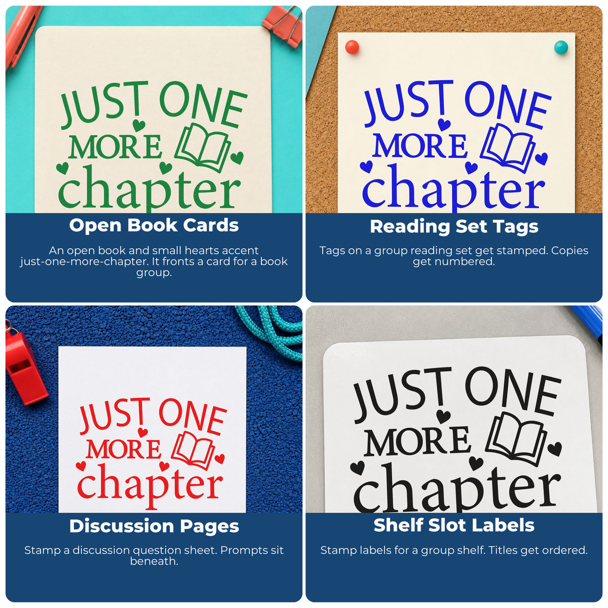 Four ways to use the Just One More Chapter Book PSI Pre-Inked Stamp: open book cards, reading set tags, discussion pages and shelf slot labels.