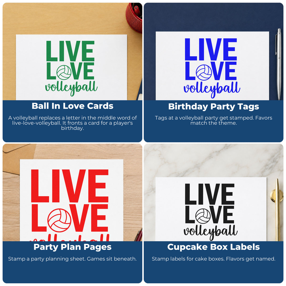 Four ways to use the Volleyball Live And Love Letter Art Slim Pre-Inked Stamp: ball in love cards, birthday party tags, party plan pages and cupcake box labels.