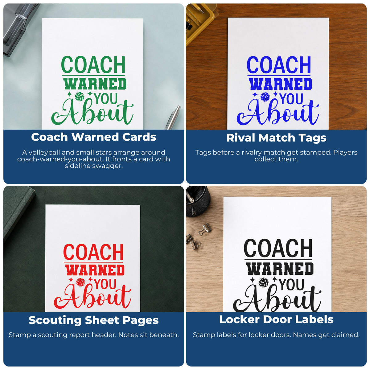 Four ways to use the Volleyball Coach Warned You About Rubber Stamp – Wood Handle: coach warned cards, rival match tags, scouting sheet pages and locker door labels.