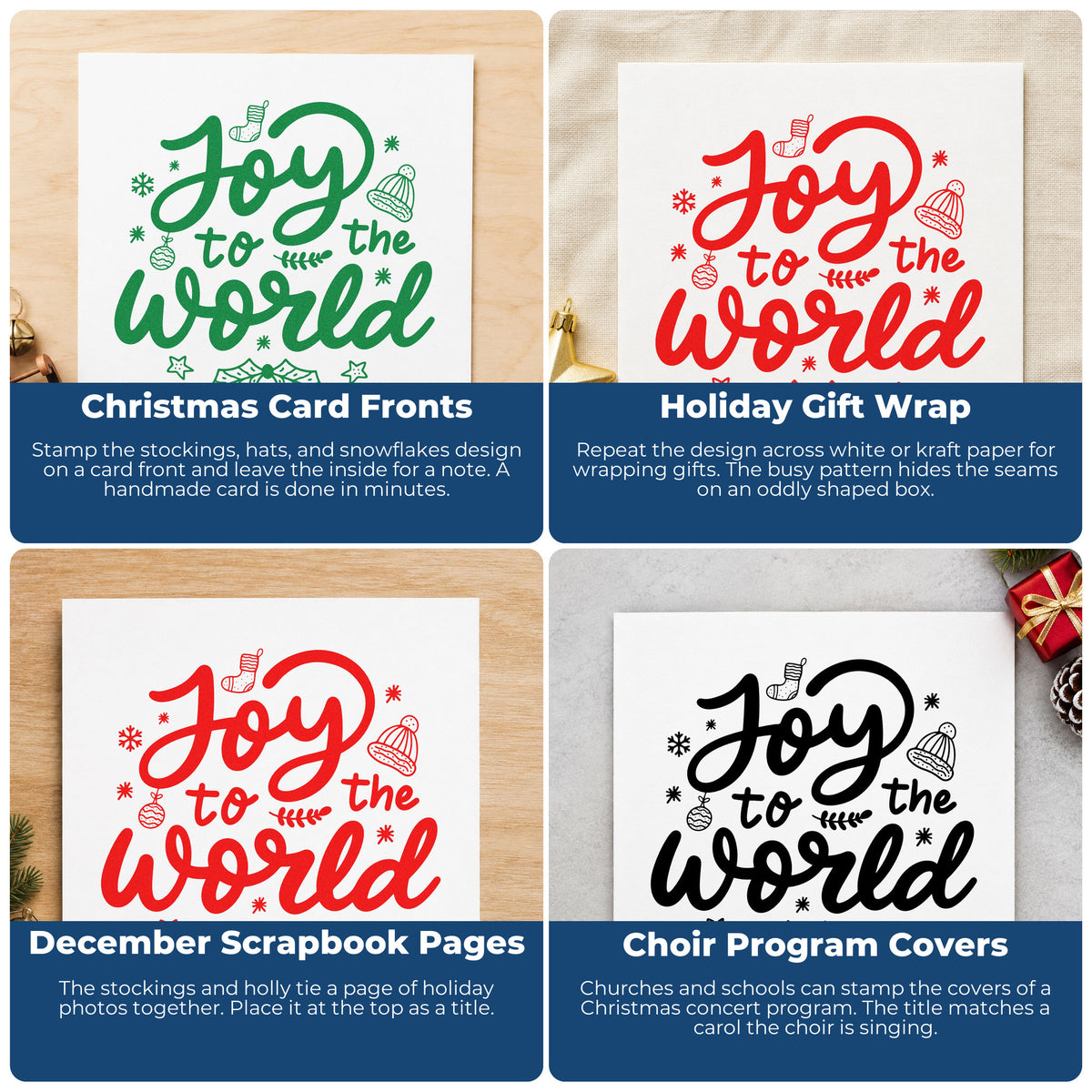 Four ways to use the Joy To The World Leaf Accents Stamp - Premium Vintage Pro Wooden: christmas card fronts, holiday gift wrap, december scrapbook pages and choir program covers.