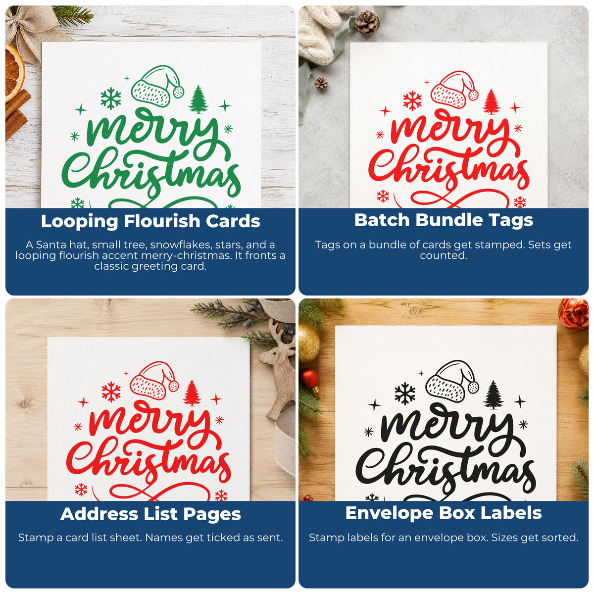 Four ways to use the Premium Wooden Merry Christmas Hat And Tree Snowflakes Stamp - Vintage Pro: looping flourish cards, batch bundle tags, address list pages and envelope box labels.
