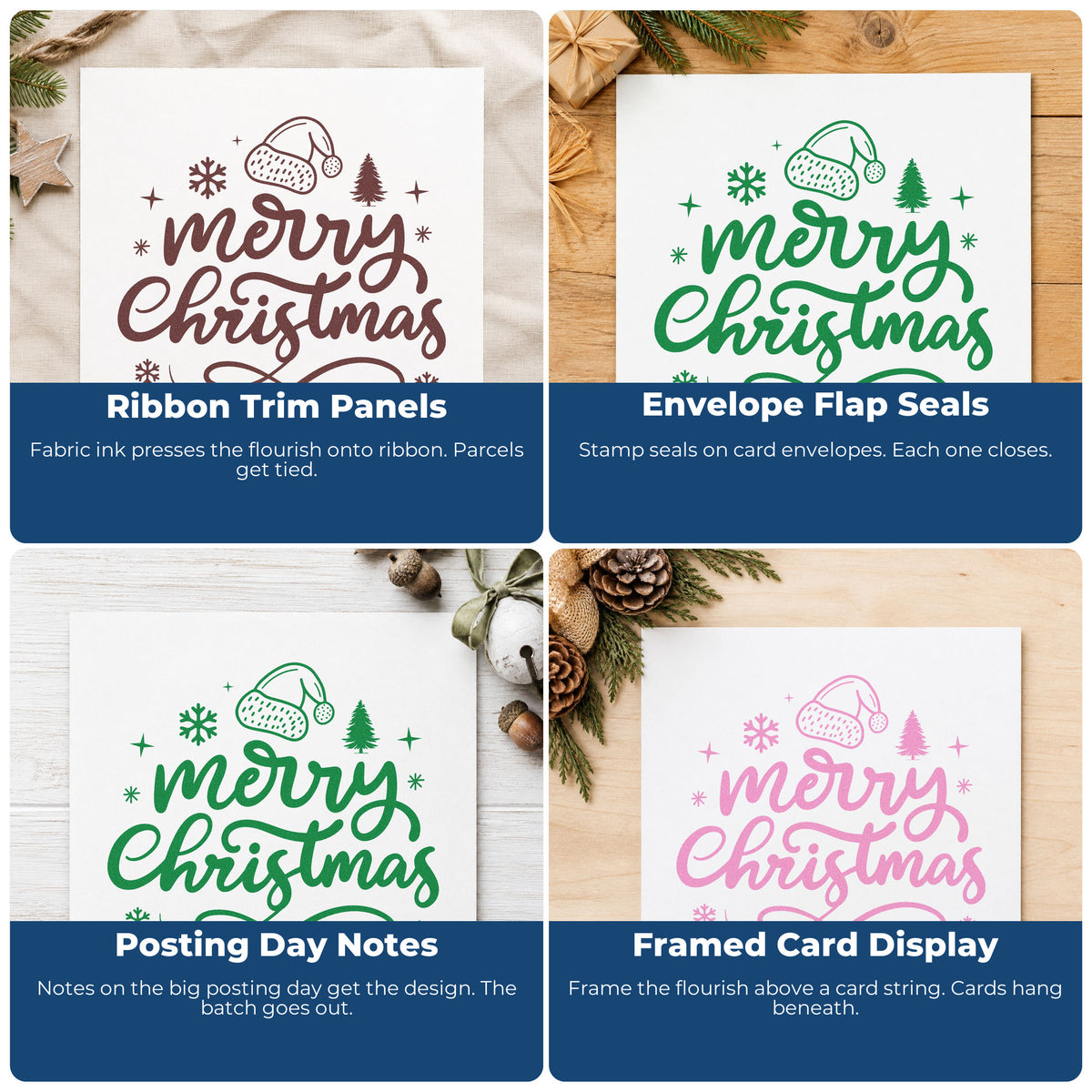 Four ways to use the Merry Christmas Hat And Tree Snowflakes Stamp – Duo Hand: ribbon trim panels, envelope flap seals, posting day notes and framed card display.