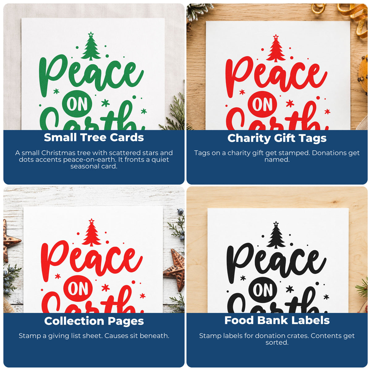 Four ways to use the Peace On Earth Tree With Stars Stamp - Premium Vintage Pro Wooden: small tree cards, charity gift tags, collection pages and food bank labels.