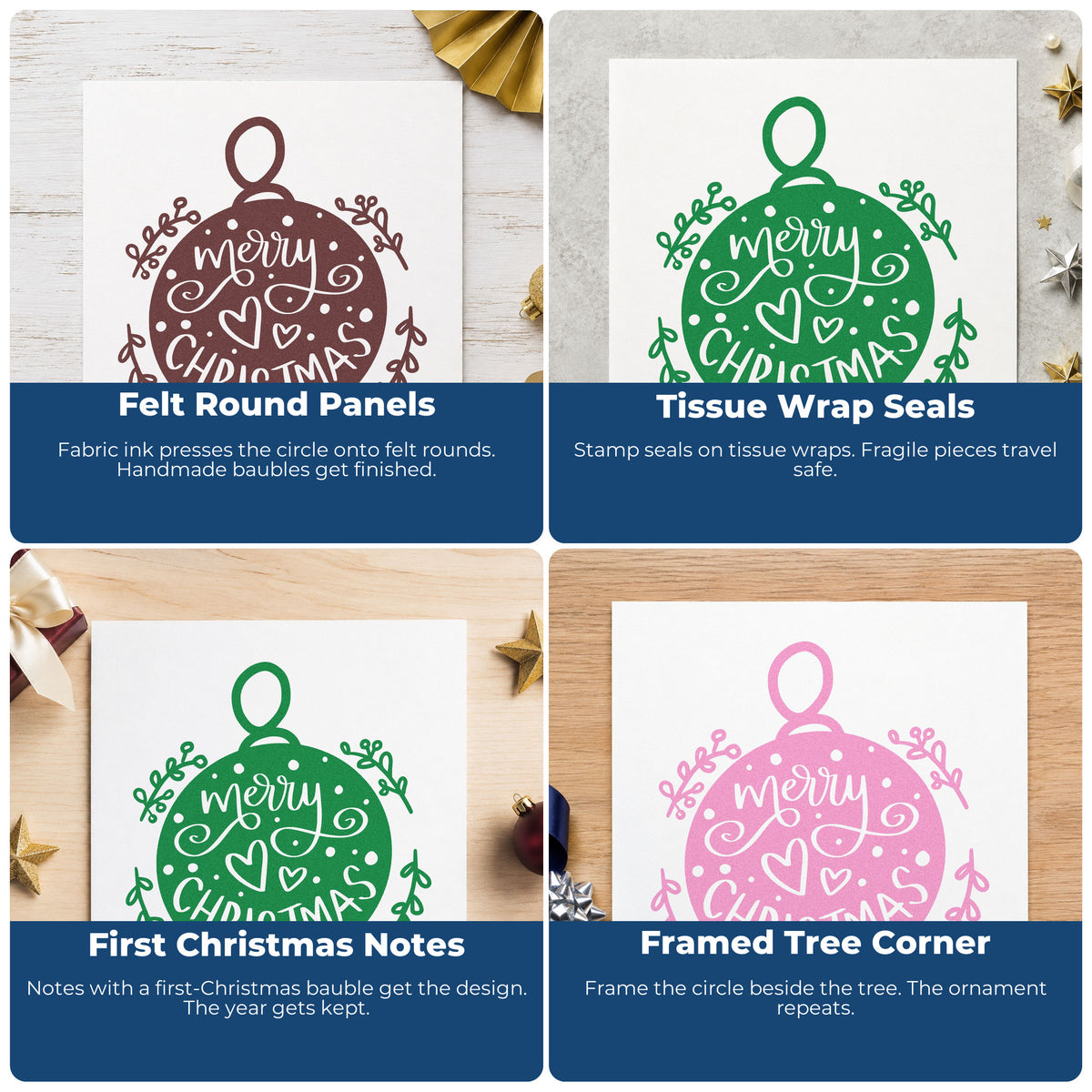 Four ways to use the Merry Christmas Round Ornament Botanical Sprig Pre-Inked Stamp – PSI: felt round panels, tissue wrap seals, first christmas notes and framed tree corner.