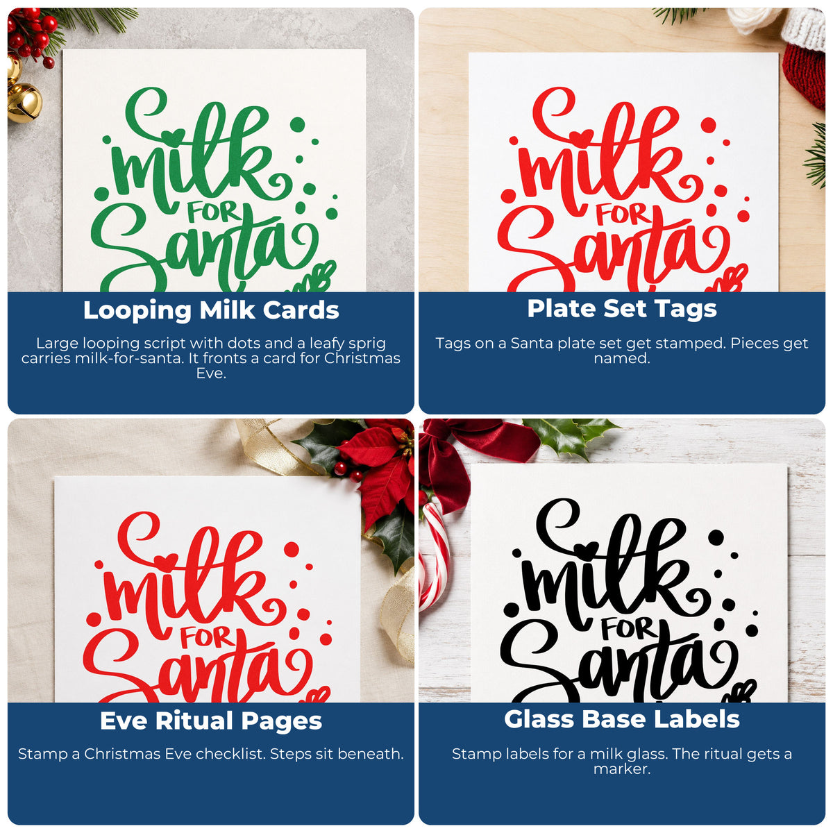 Four ways to use the Milk For Santa Wood-Mounted Rubber Stamp: looping milk cards, plate set tags, eve ritual pages and glass base labels.