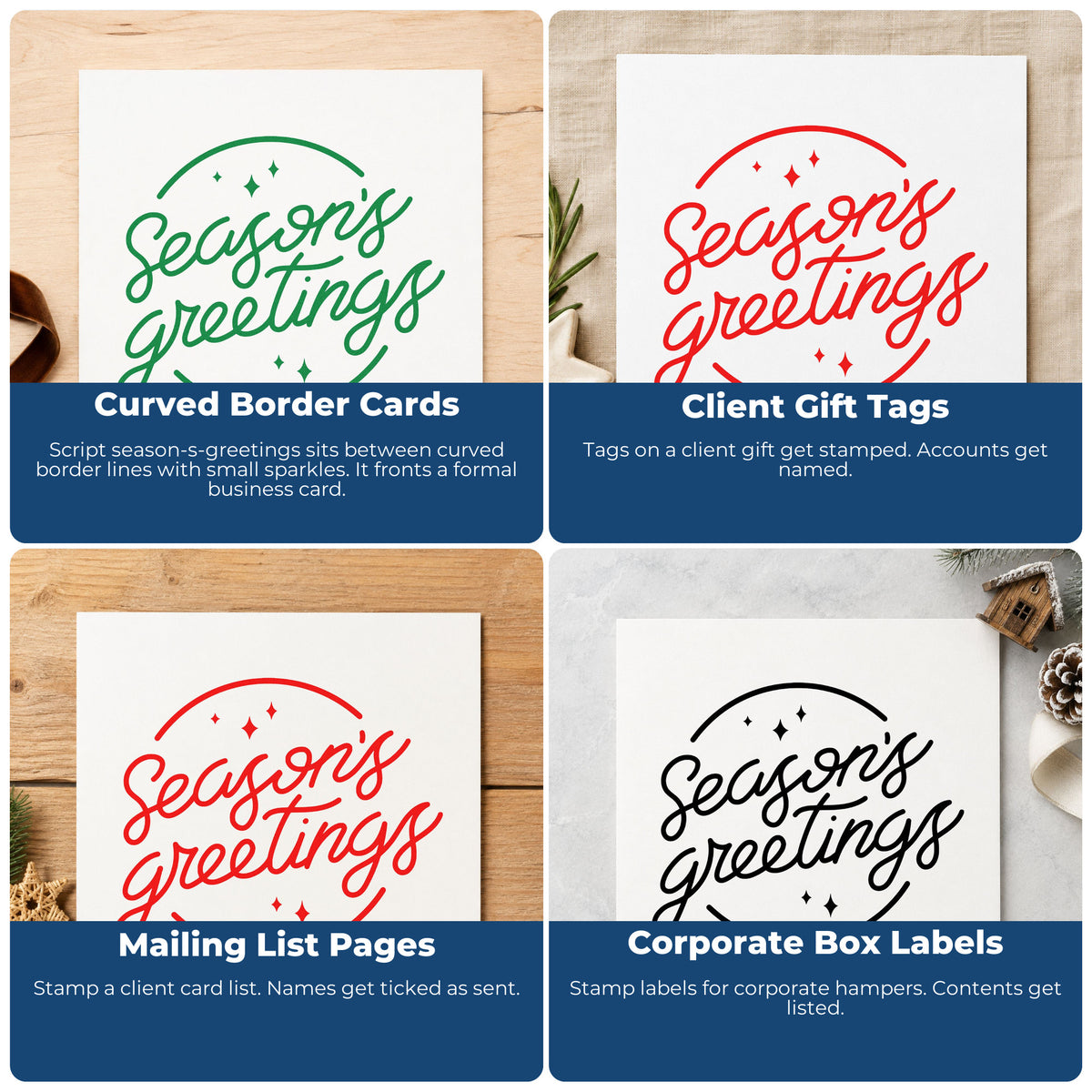 Four ways to use the Season's Greetings Circle PSI Pre-Inked Stamp: curved border cards, client gift tags, mailing list pages and corporate box labels.
