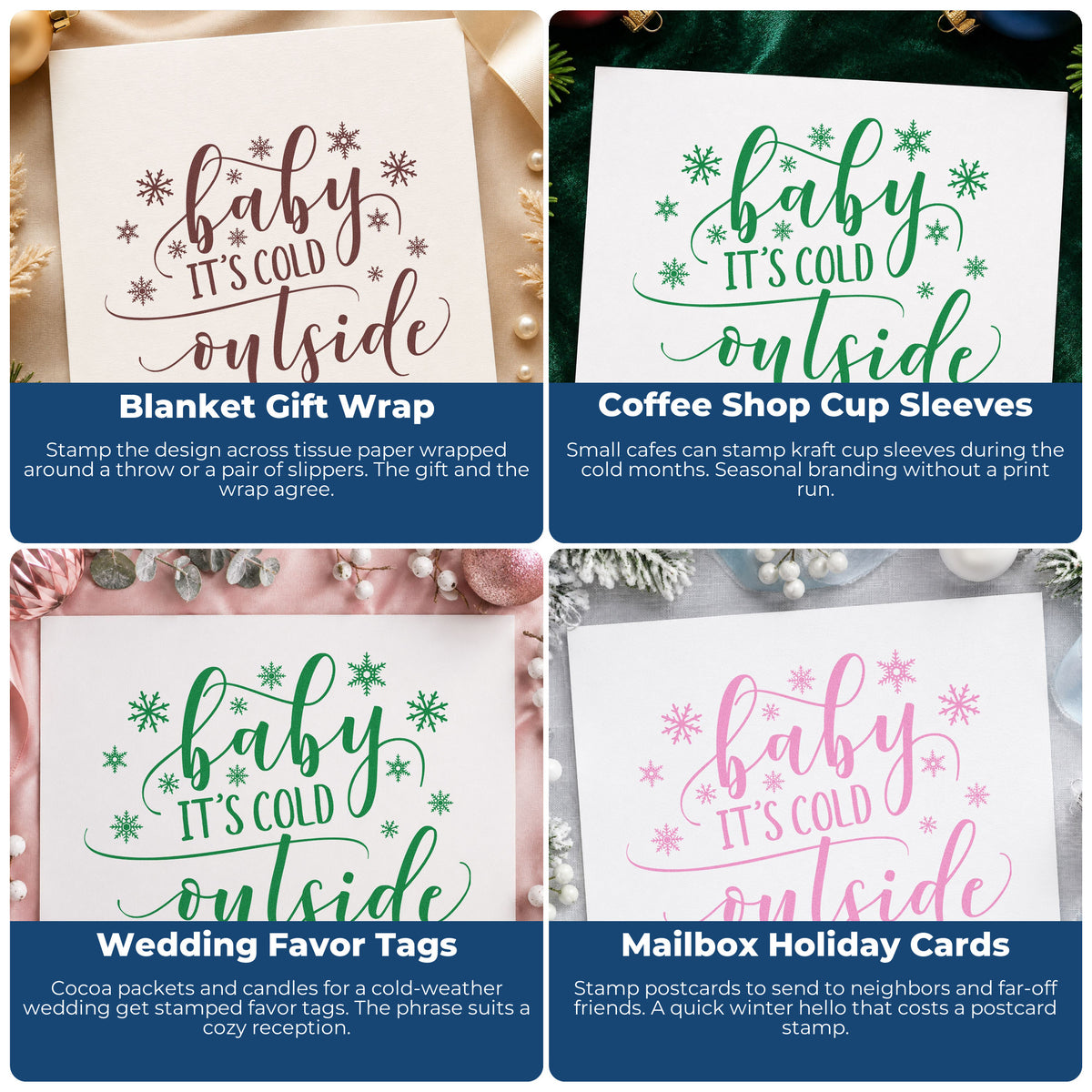 Four ways to use the Premium Wooden Baby It's Cold Outside Snowflakes Stamp - Vintage Pro: blanket gift wrap, coffee shop cup sleeves, wedding favor tags and mailbox holiday cards.
