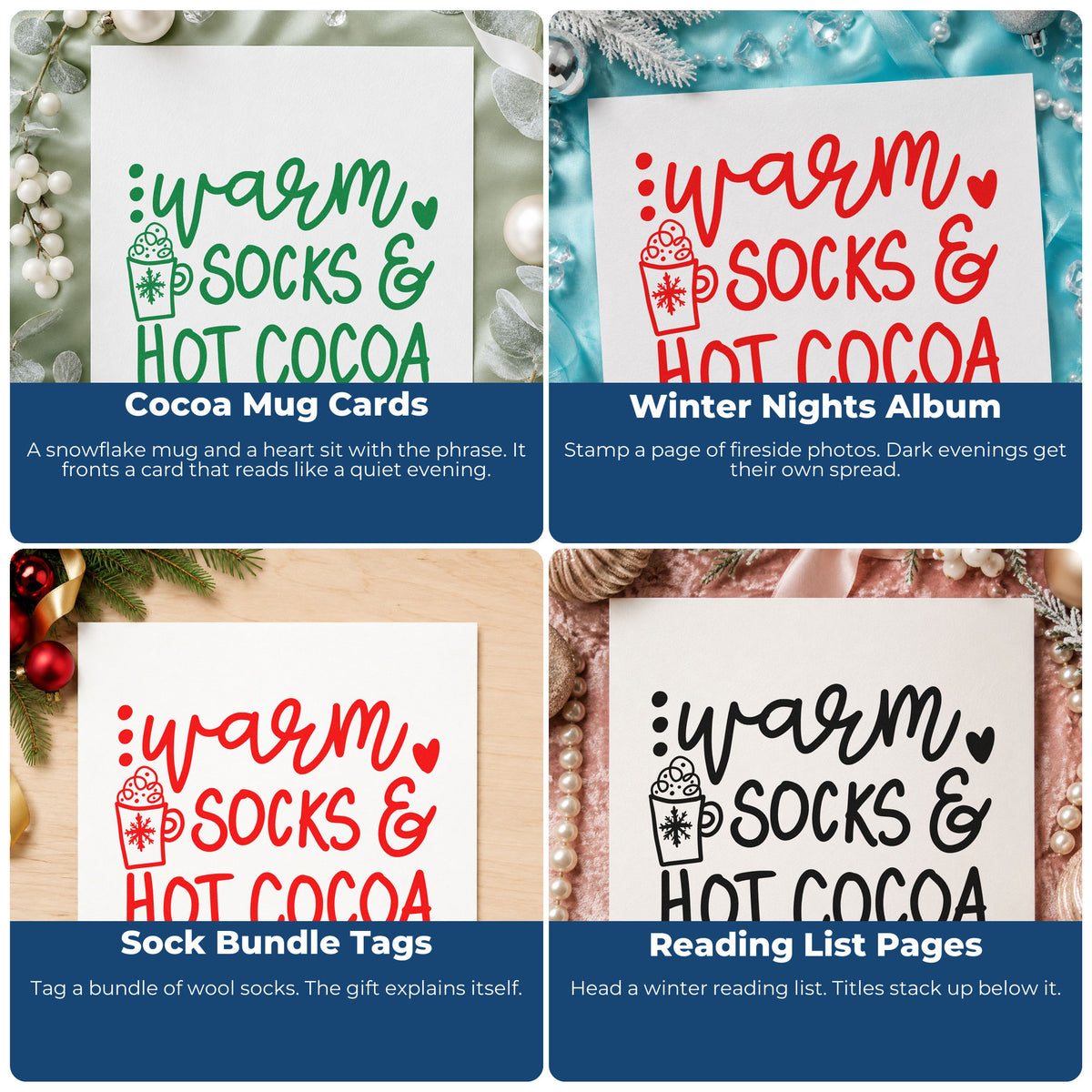 Four ways to use the Self-Inking Warm Socks & Hot Cocoa Snowflakes Stamp: cocoa mug cards, winter nights album, sock bundle tags and reading list pages.