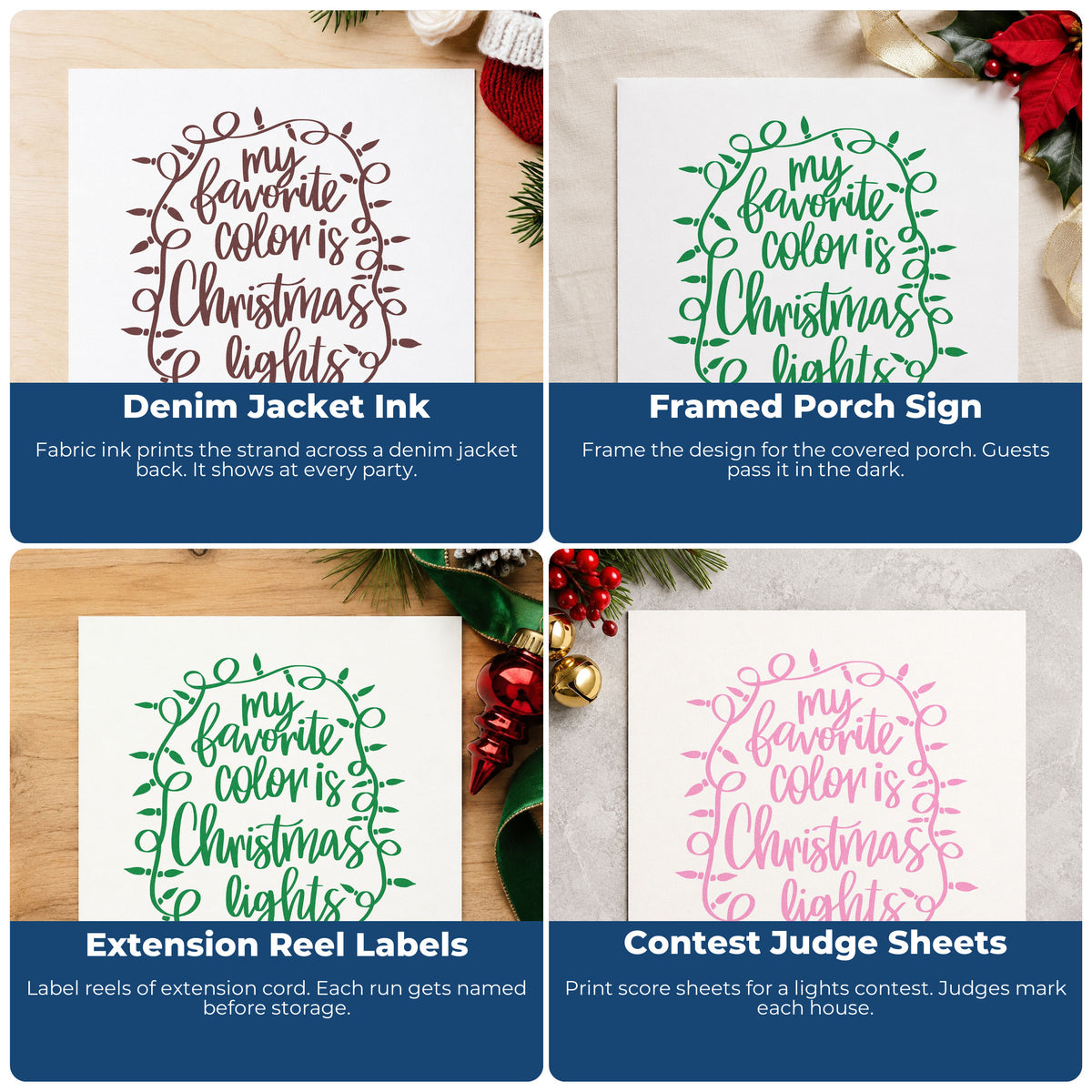 Four ways to use the My Favorite Color Is Christmas Lights Pre-Inked Stamp – Slim: denim jacket ink, framed porch sign, extension reel labels and contest judge sheets.