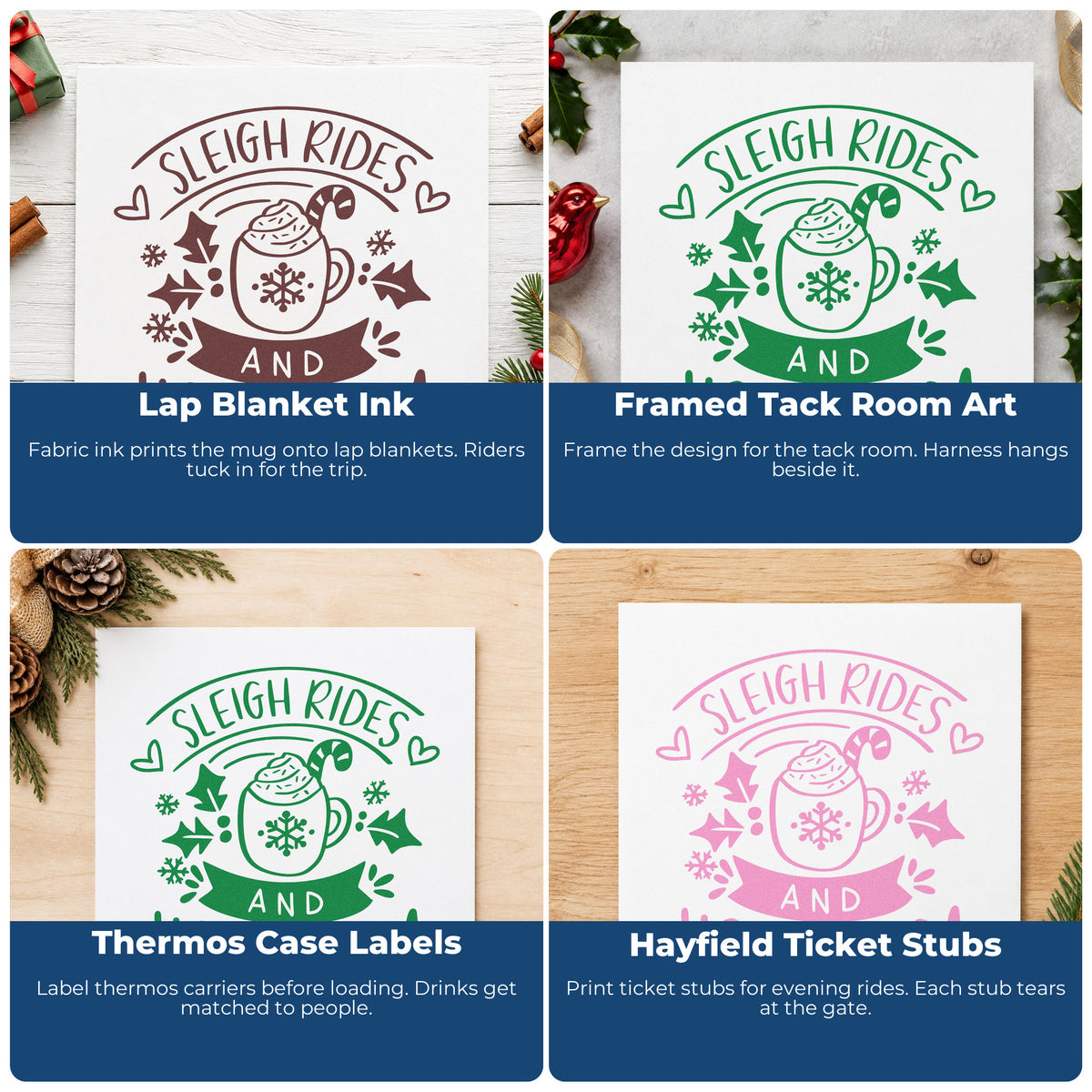 Four ways to use the Sleigh Rides And Hot Cocoa Stamp – Self-Inking: lap blanket ink, framed tack room art, thermos case labels and hayfield ticket stubs.