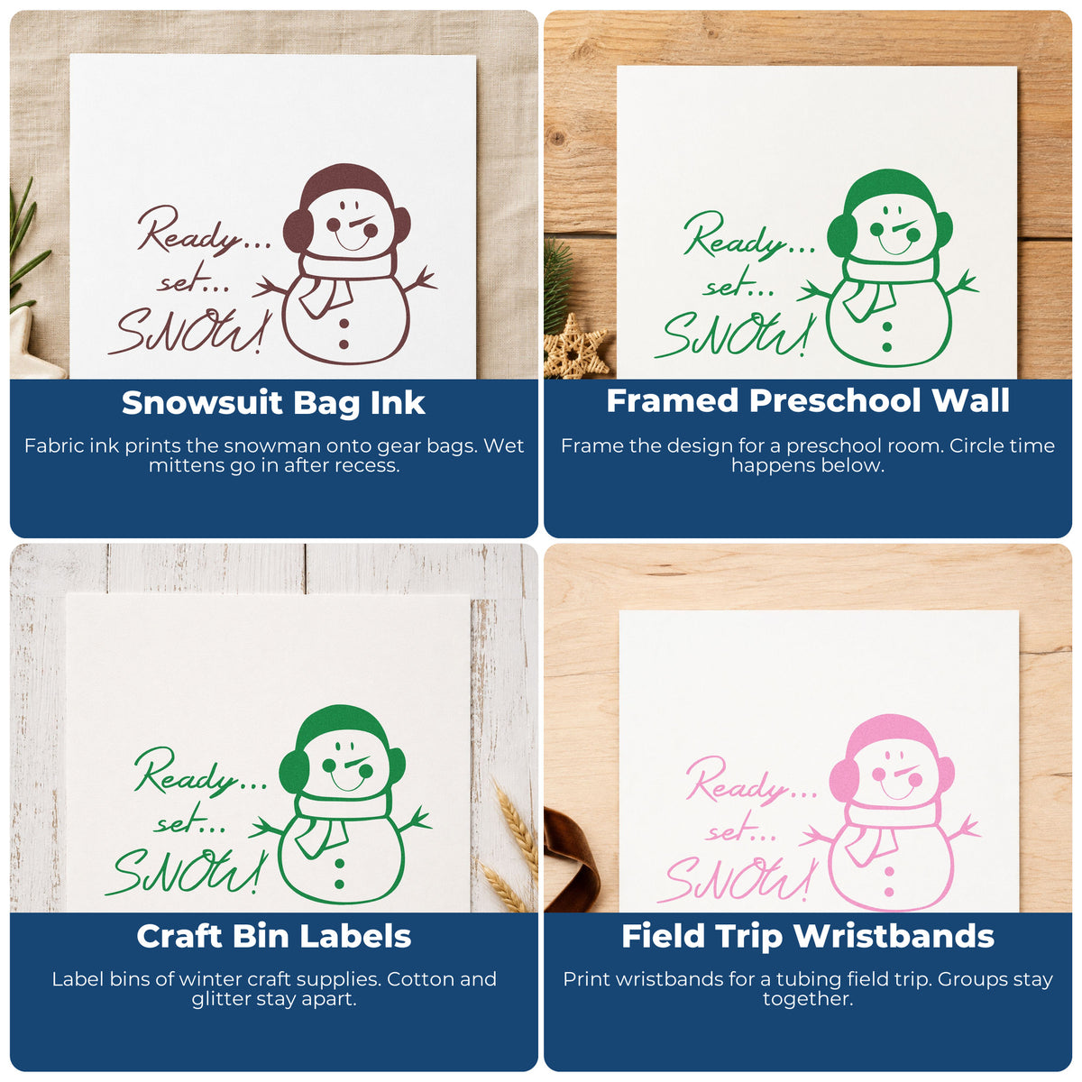 Four ways to use the Snowman Ready Set Snow Premium Wood-Mounted Stamp - Vintage Pro: snowsuit bag ink, framed preschool wall, craft bin labels and field trip wristbands.