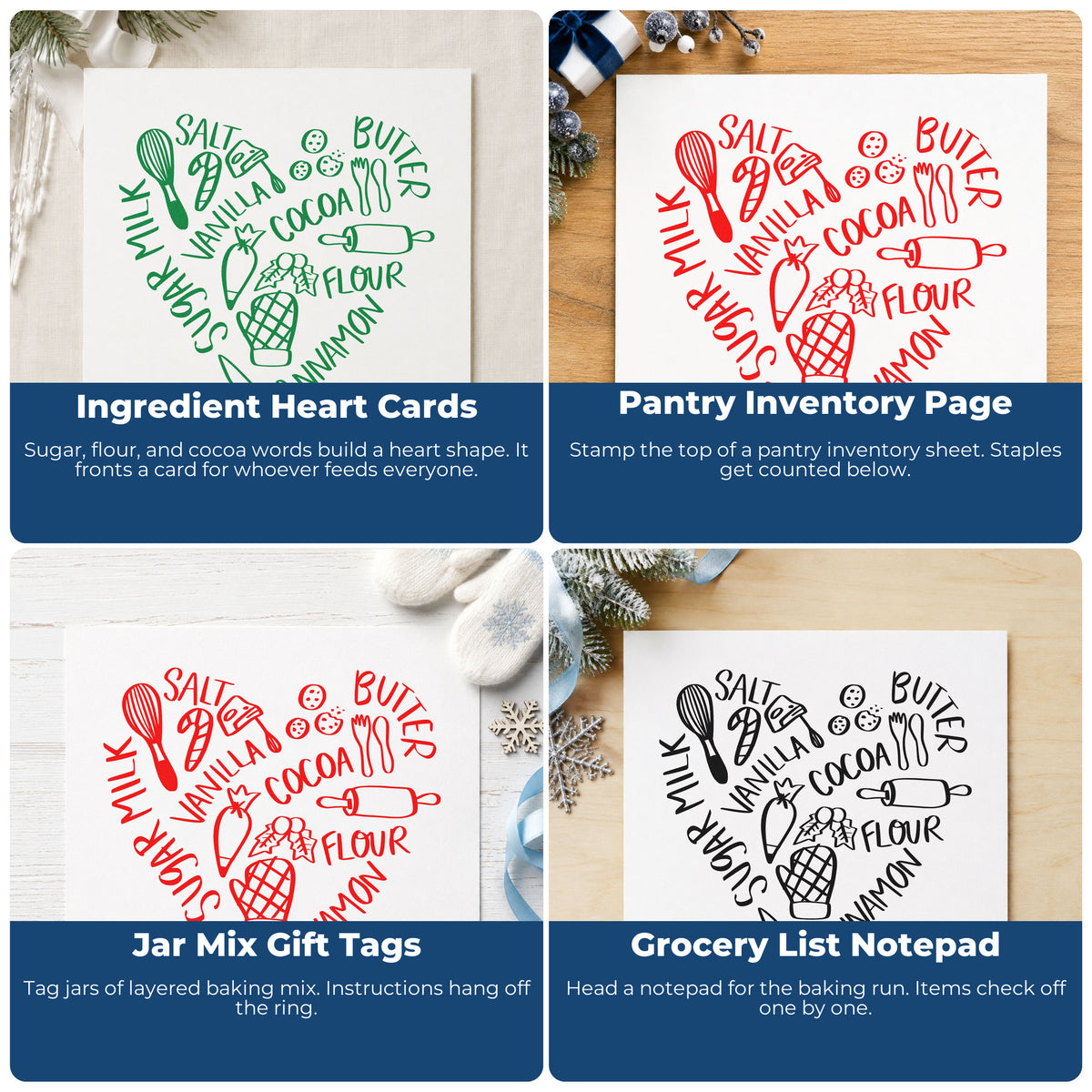 Four ways to use the PSI Pre-Inked Baking Ingredients Heart Stamp: ingredient heart cards, pantry inventory page, jar mix gift tags and grocery list notepad.
