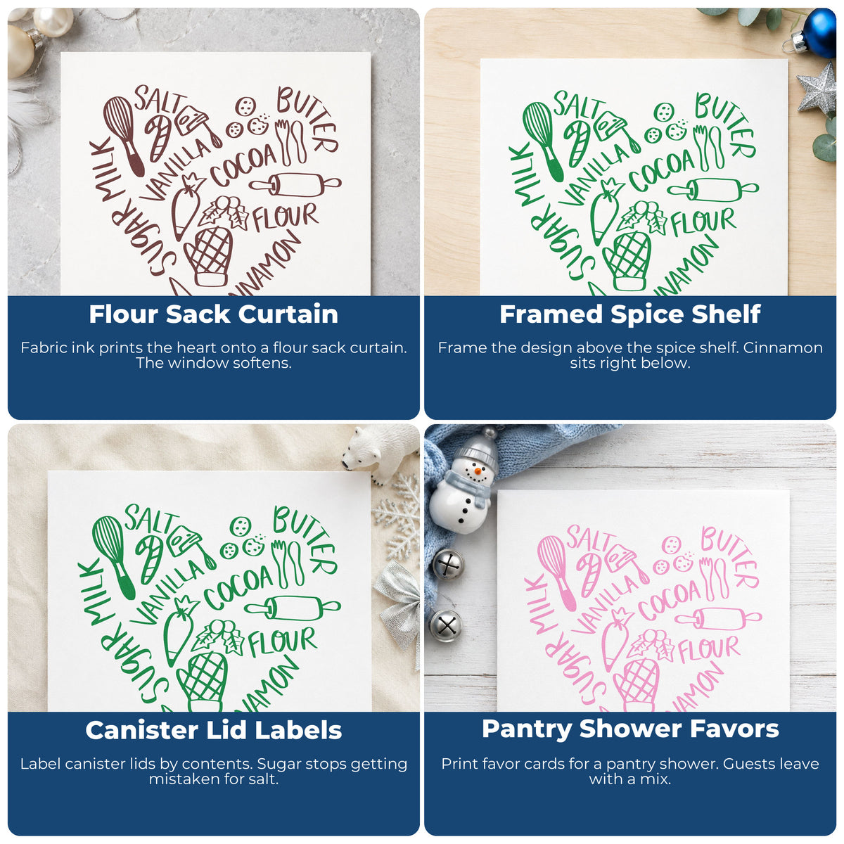 Four ways to use the Baking Ingredients Heart Duo Hand Stamp: flour sack curtain, framed spice shelf, canister lid labels and pantry shower favors.