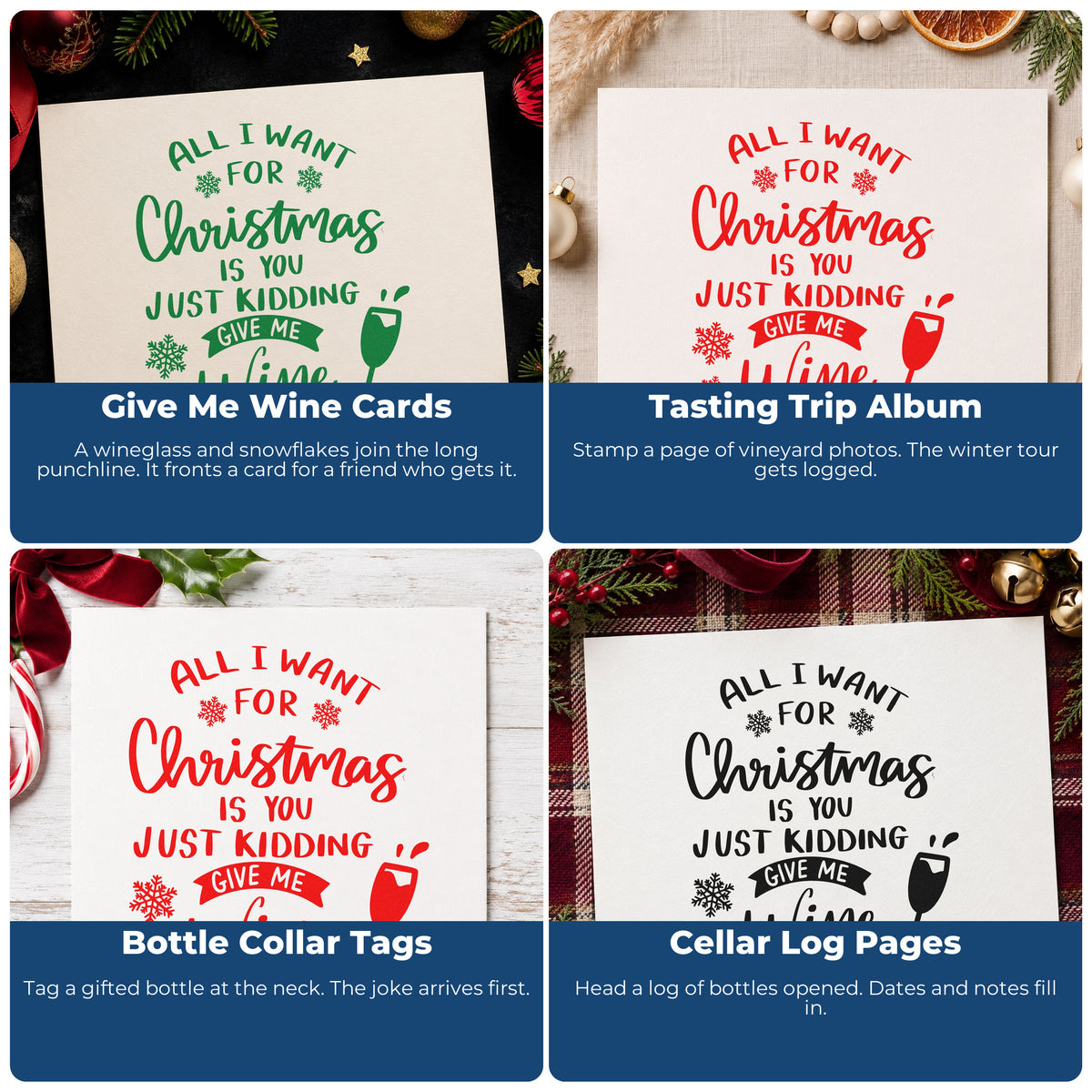 Four ways to use the Christmas Just Give Wine Stamp – PSI Pre-Inked: give me wine cards, tasting trip album, bottle collar tags and cellar log pages.
