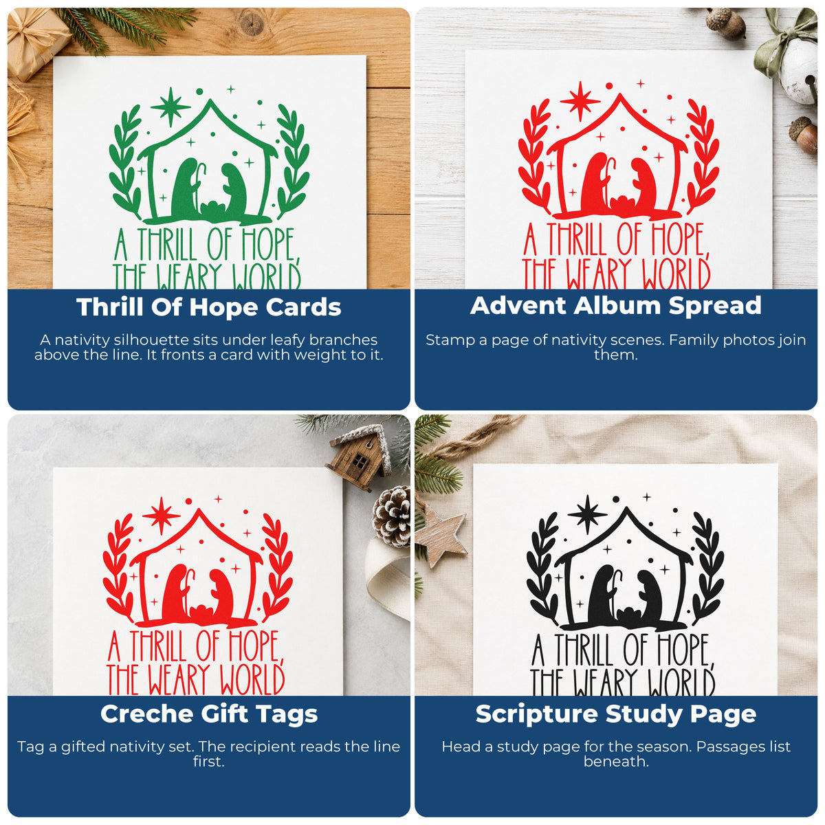 Four ways to use the Thrill Of Hope Nativity Leafy Branches Stamp – Wood Handle: thrill of hope cards, advent album spread, creche gift tags and scripture study page.