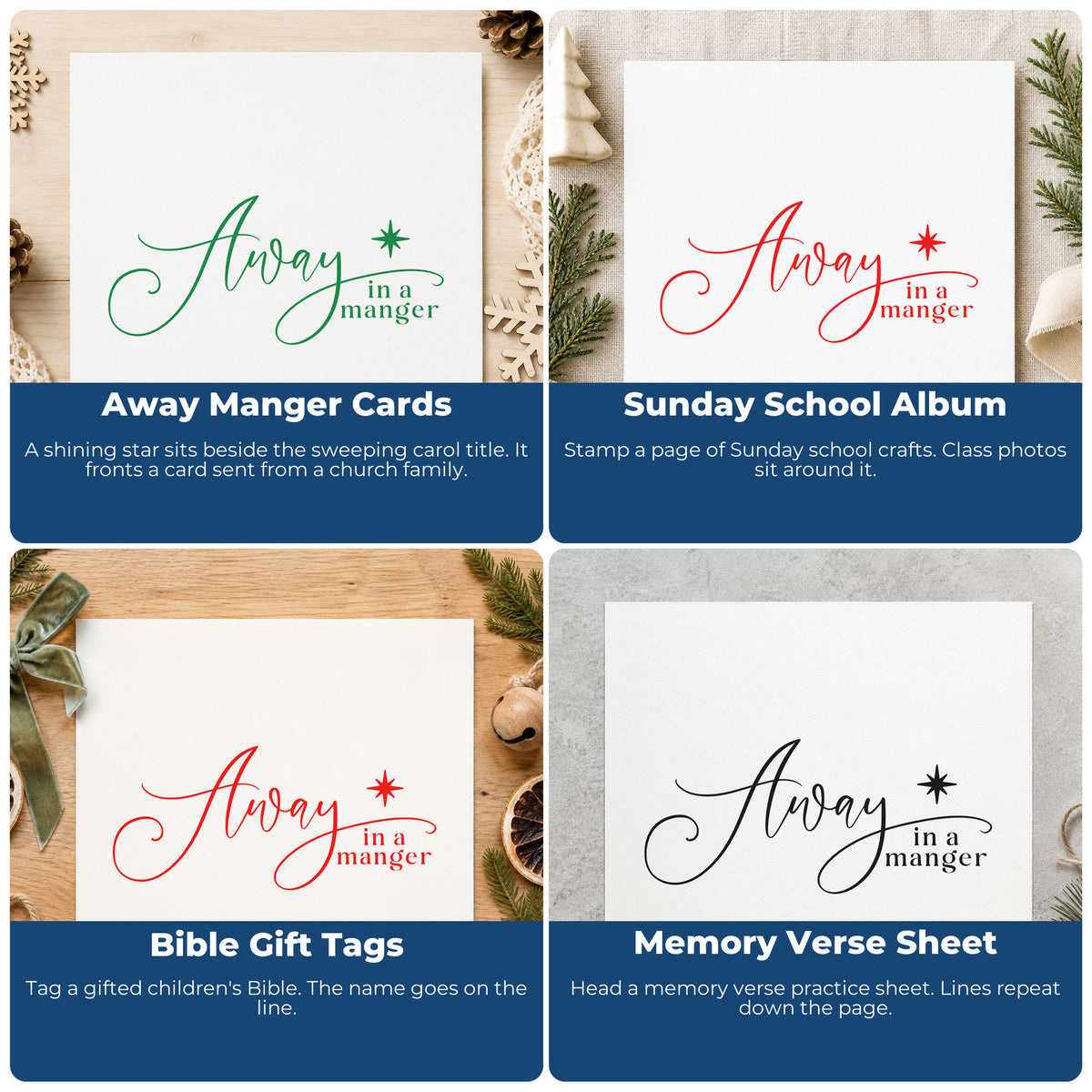 Four ways to use the Away In A Manger With Stars Premium Wooden Stamp - Vintage Pro: away manger cards, sunday school album, bible gift tags and memory verse sheet.