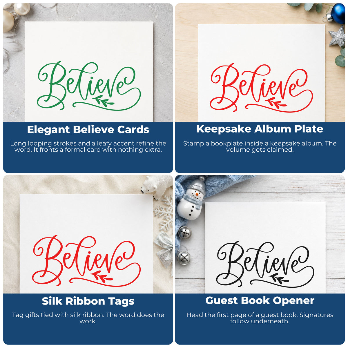Four ways to use the Believe With Leaf Flourish Pre-Inked Stamp – Slim: elegant believe cards, keepsake album plate, silk ribbon tags and guest book opener.