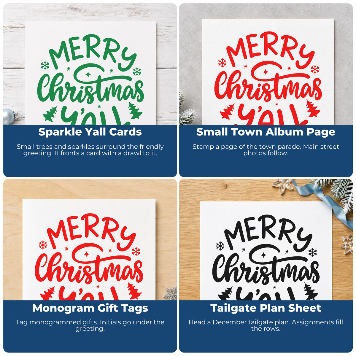 Four ways to use the Merry Christmas Yall Trees Snowflakes Rubber Stamp – Wood Handle: sparkle yall cards, small town album page, monogram gift tags and tailgate plan sheet.