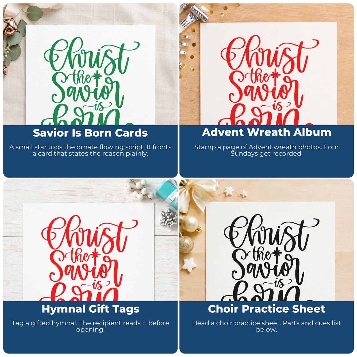 Four ways to use the Christ The Savior Is Born With Stars Wood Handle Stamp: savior is born cards, advent wreath album, hymnal gift tags and choir practice sheet.