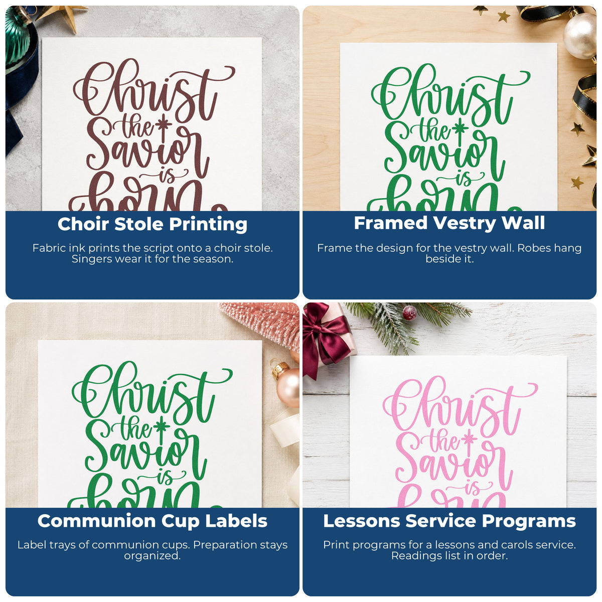 Four ways to use the Duo Hand Christ The Savior Is Born With Stars Rubber Stamp: choir stole printing, framed vestry wall, communion cup labels and lessons service programs.