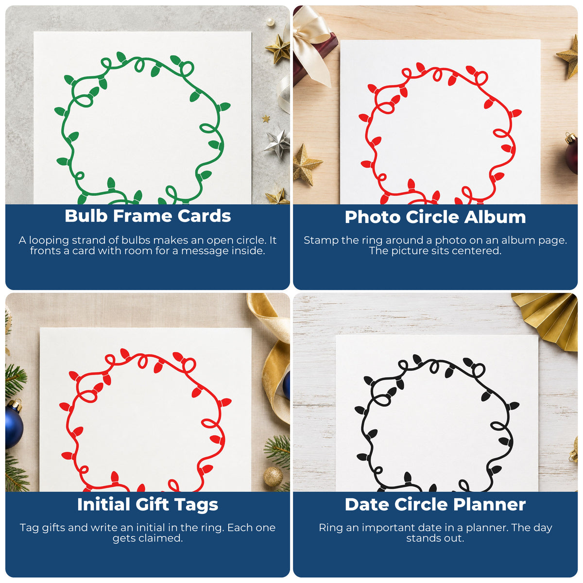 Four ways to use the Circular Christmas Light Border Wood Handle Stamp: bulb frame cards, photo circle album, initial gift tags and date circle planner.