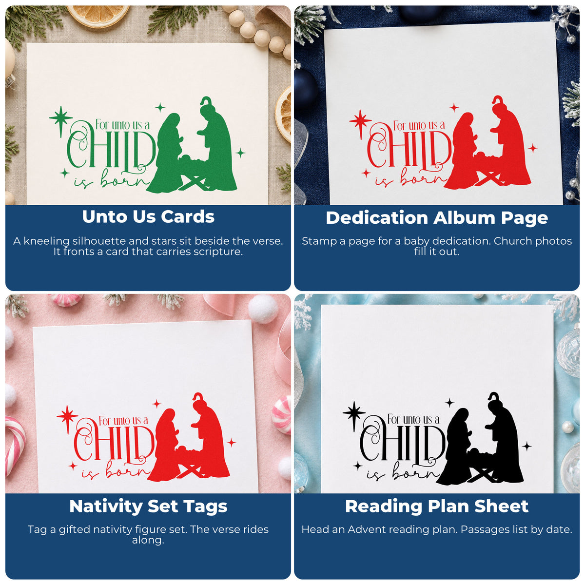 Four ways to use the Unto Us Child Is Born Self-Inking Craft Stamp: unto us cards, dedication album page, nativity set tags and reading plan sheet.