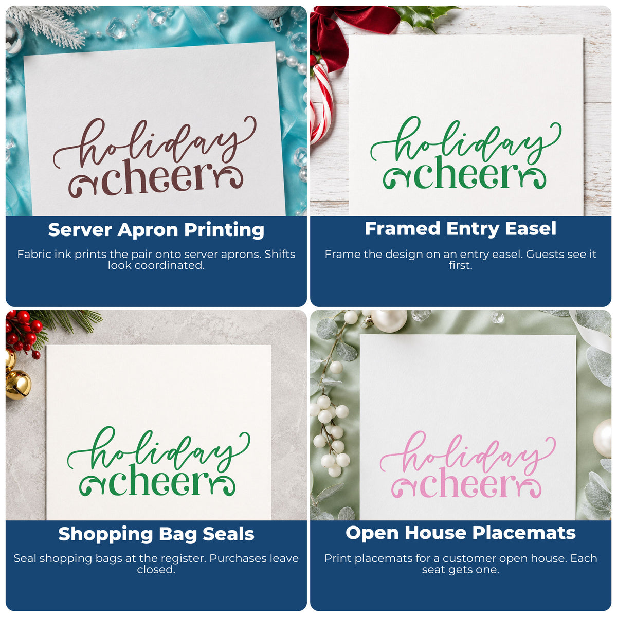 Four ways to use the Holiday Cheer Flourishes Ornaments Wood Handle Stamp: server apron printing, framed entry easel, shopping bag seals and open house placemats.