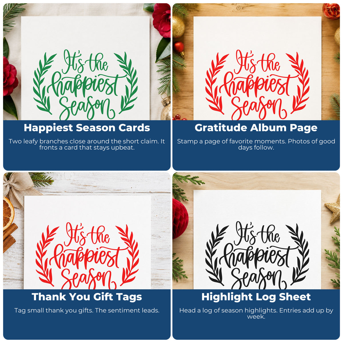Four ways to use the Happiest Season Leafy Frame Duo Hand Stamp: happiest season cards, gratitude album page, thank you gift tags and highlight log sheet.