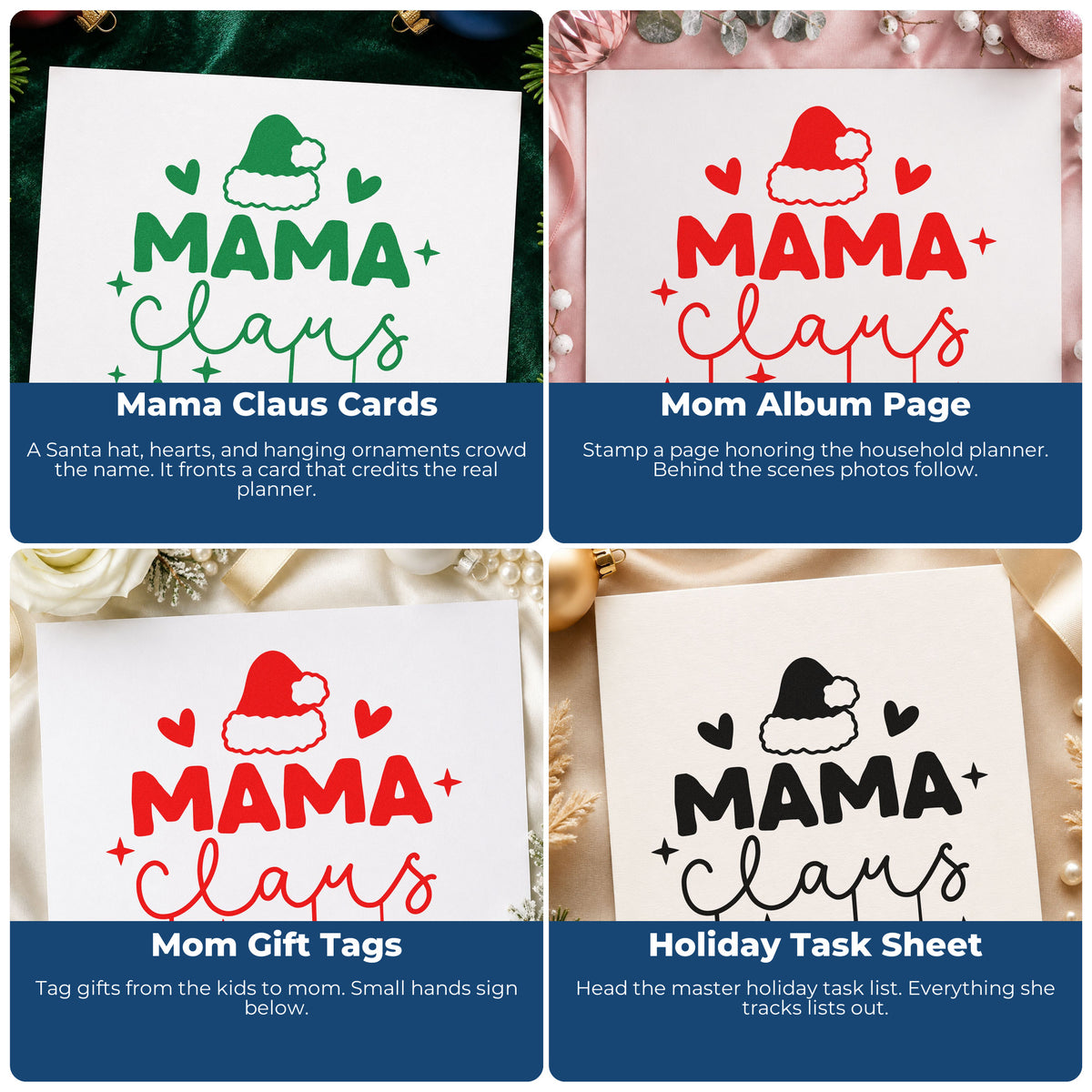 Four ways to use the Slim Pre-Inked Mama Claus Santa Hat Ornaments Stamp: mama claus cards, mom album page, mom gift tags and holiday task sheet.