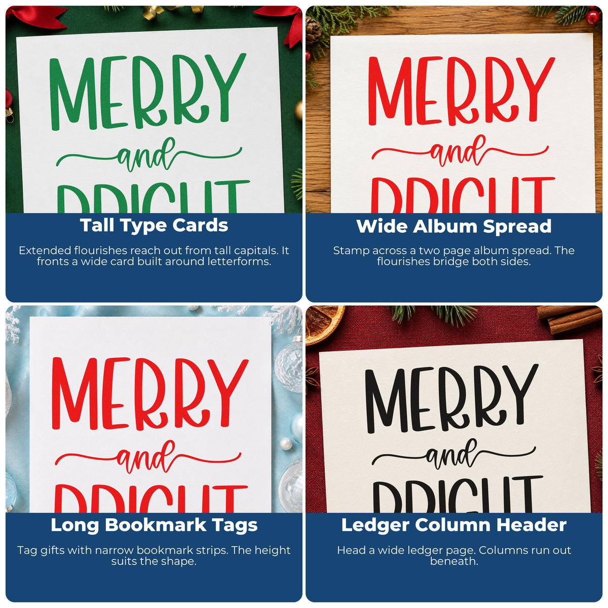 Four ways to use the Merry And Bright Simple Pre-Inked Stamp – Slim: tall type cards, wide album spread, long bookmark tags and ledger column header.